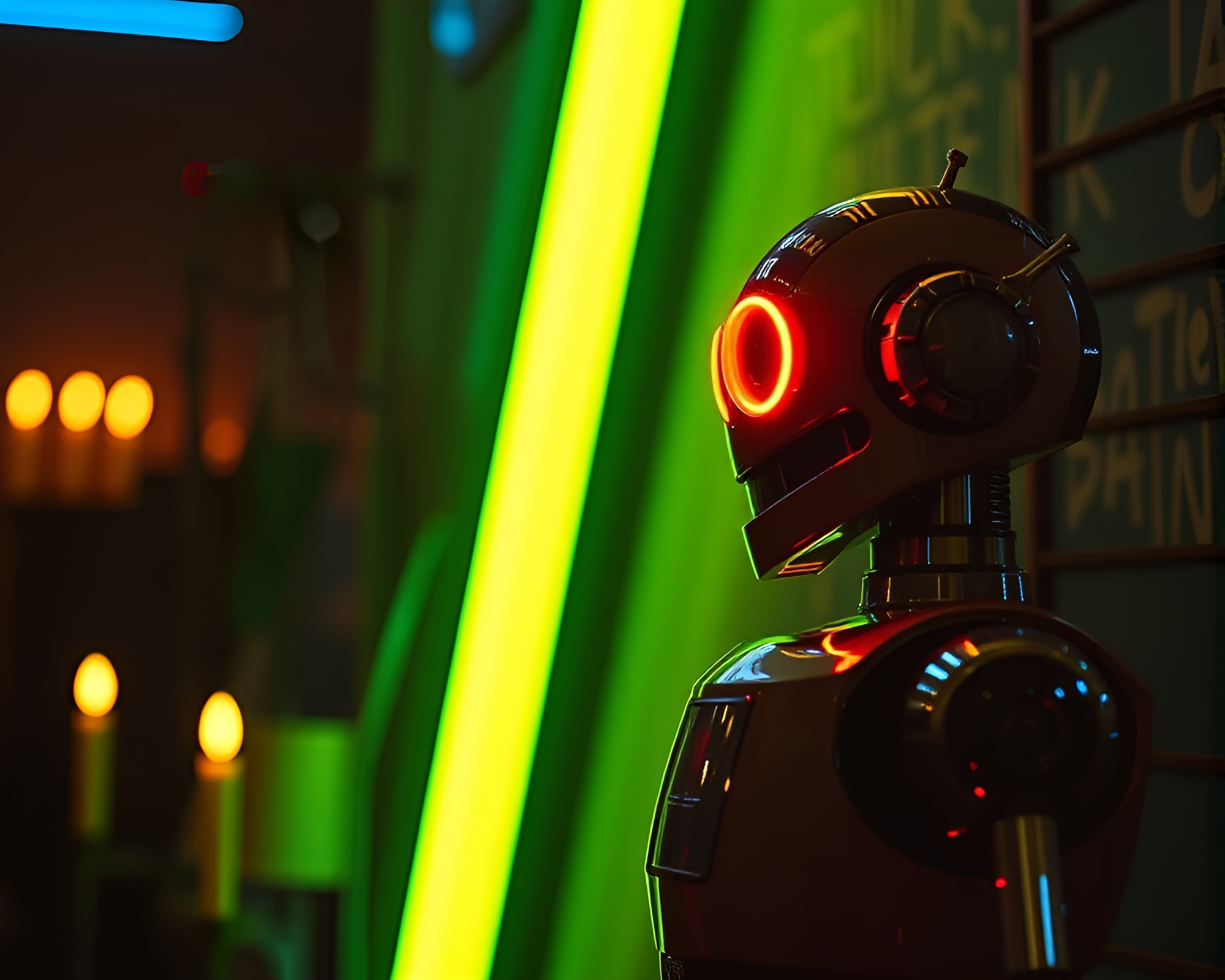 Neon-lit robot in candlelit setting – free AI stock image