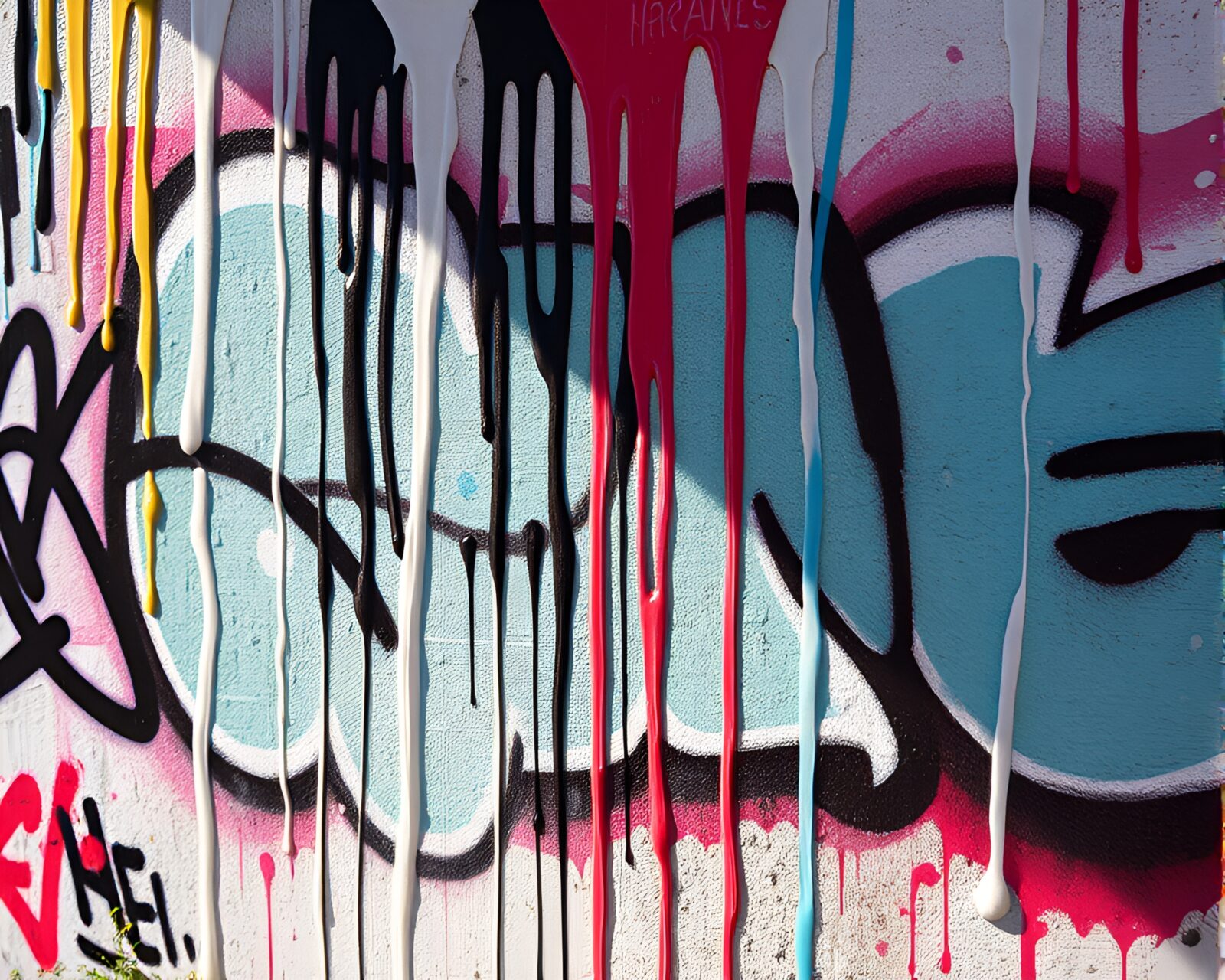 A mythical creature amid vibrant graffiti drips under bright light