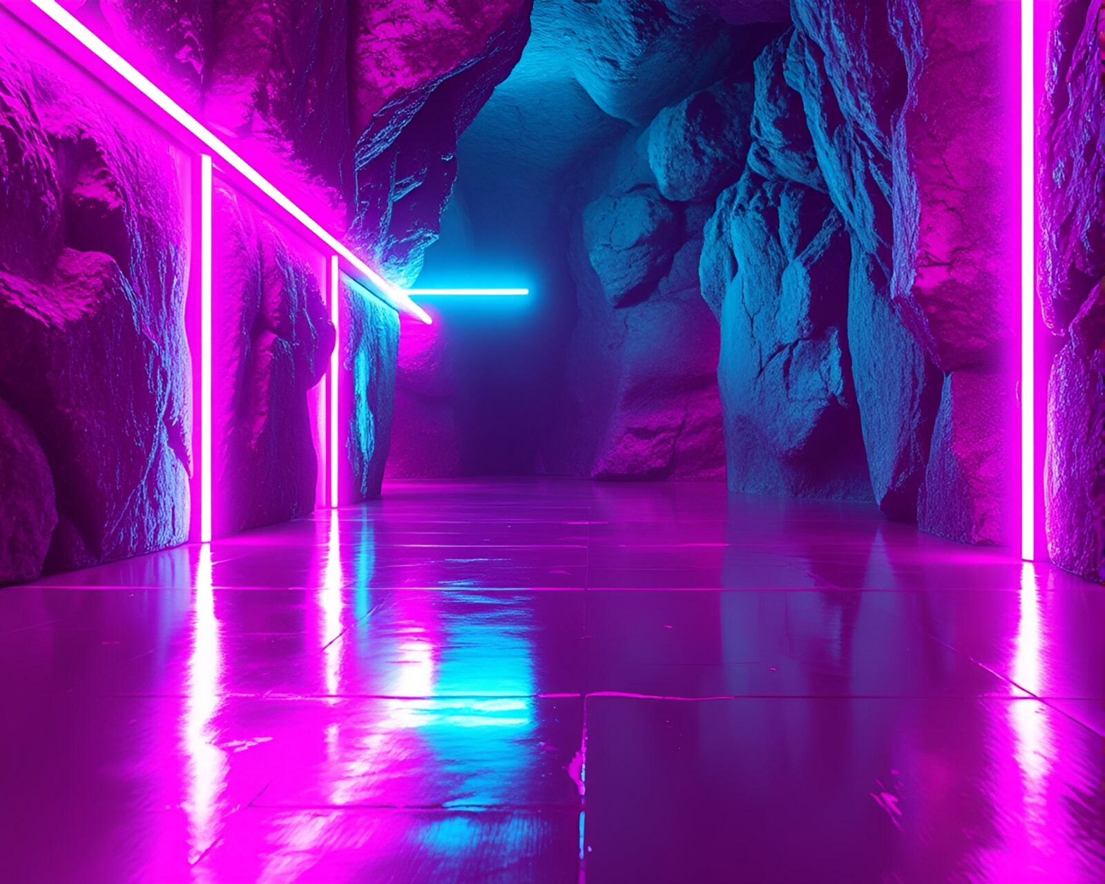 Glowing neon lights reflecting in a cybernetic textured cavern.