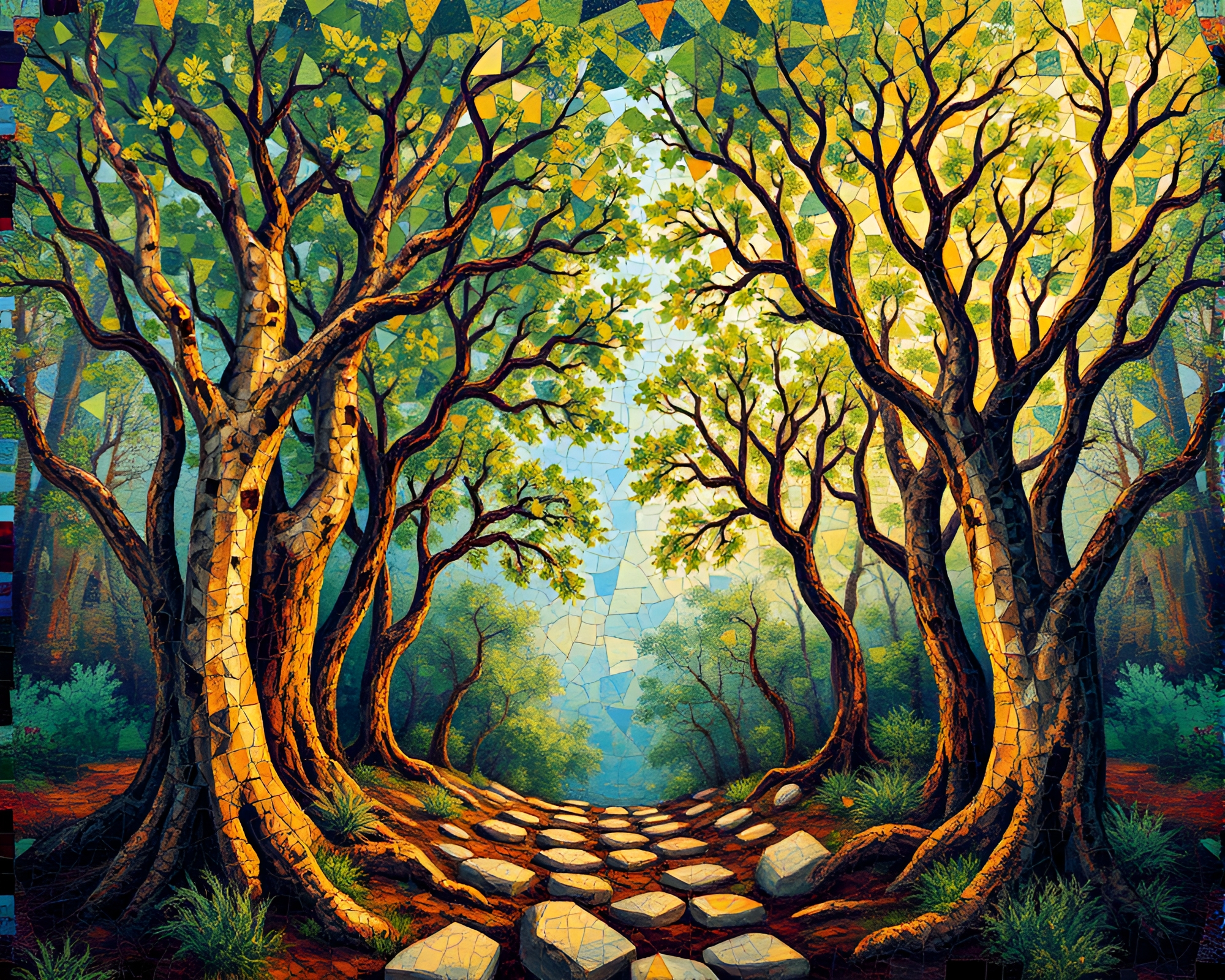 Fragmented Mosaic Ancient Grove Illuminated Kaleidoscope Mural – free AI stock image