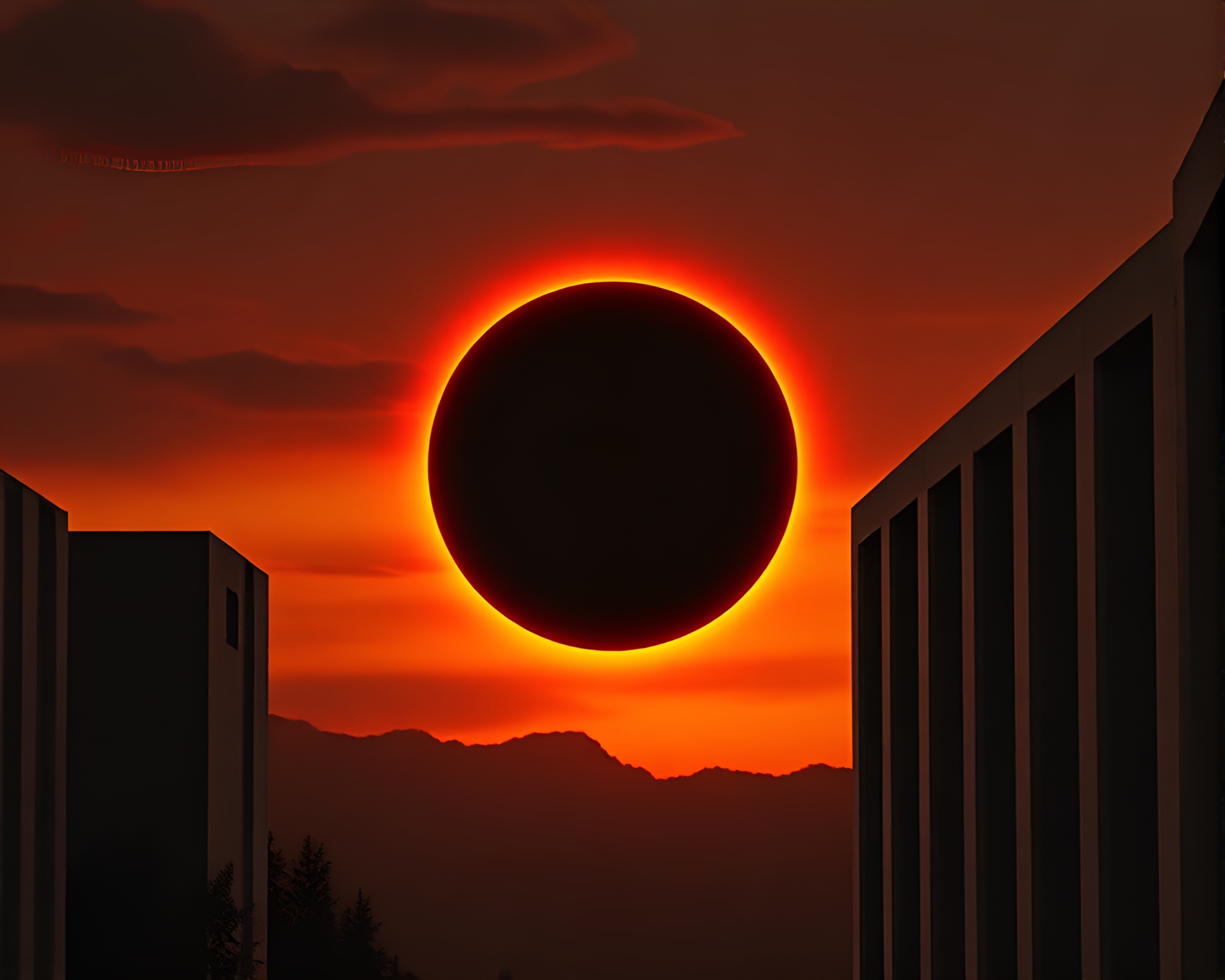 Solar Eclipse Casts Dusk Twilight on Architectural Rendering – free AI stock image