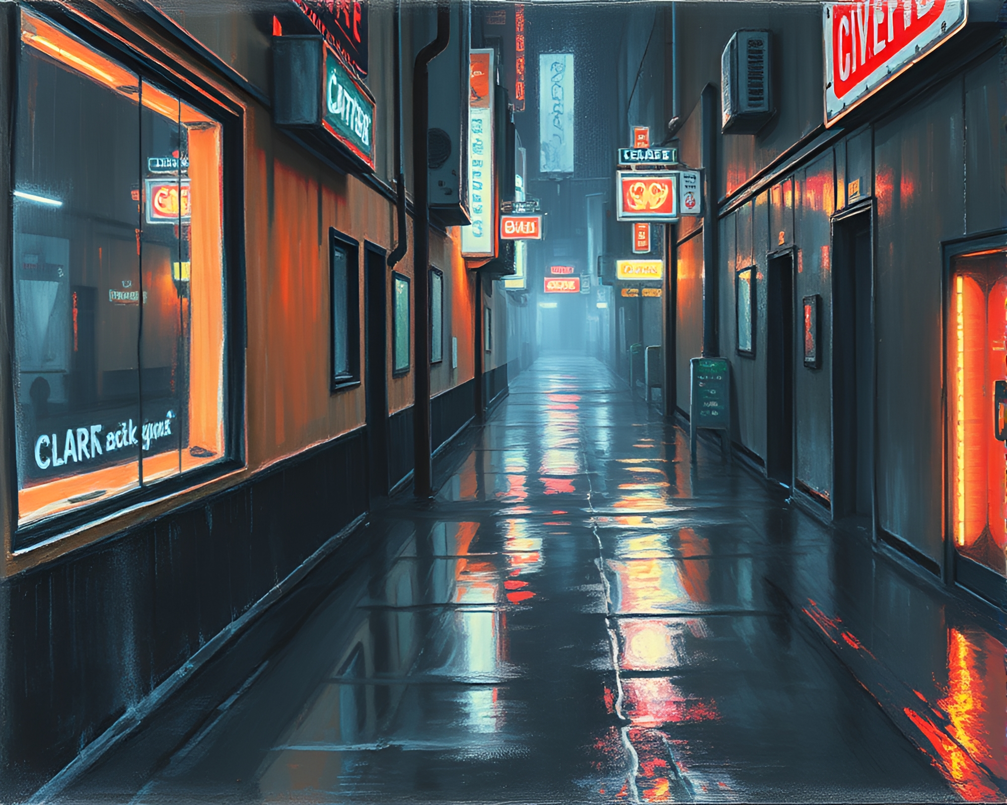 Cyberpunk Alley: Chrome Reflections and Conté Crayon Visions – free AI stock image