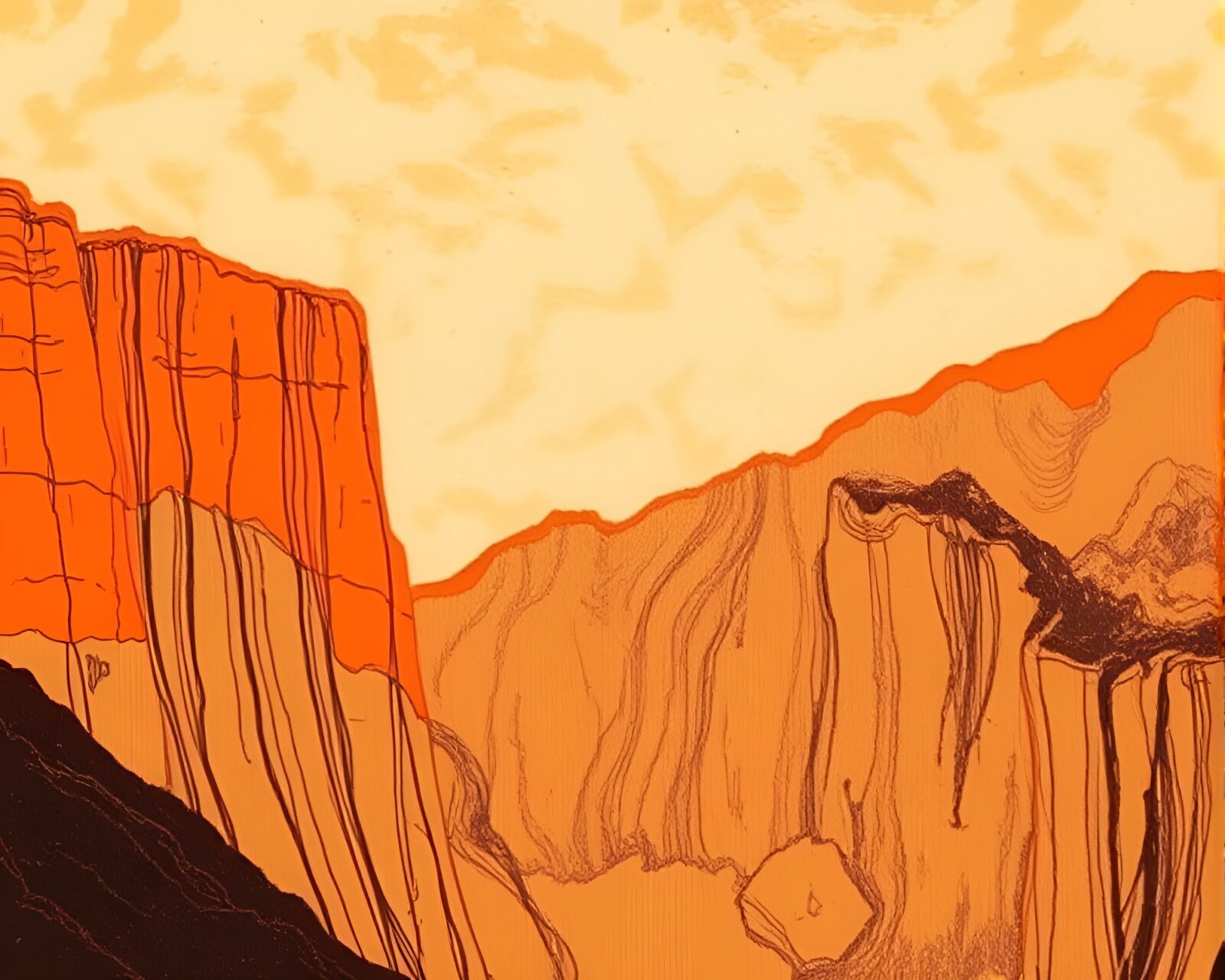 Etching lines cliff artwork in warm burnt orange tones