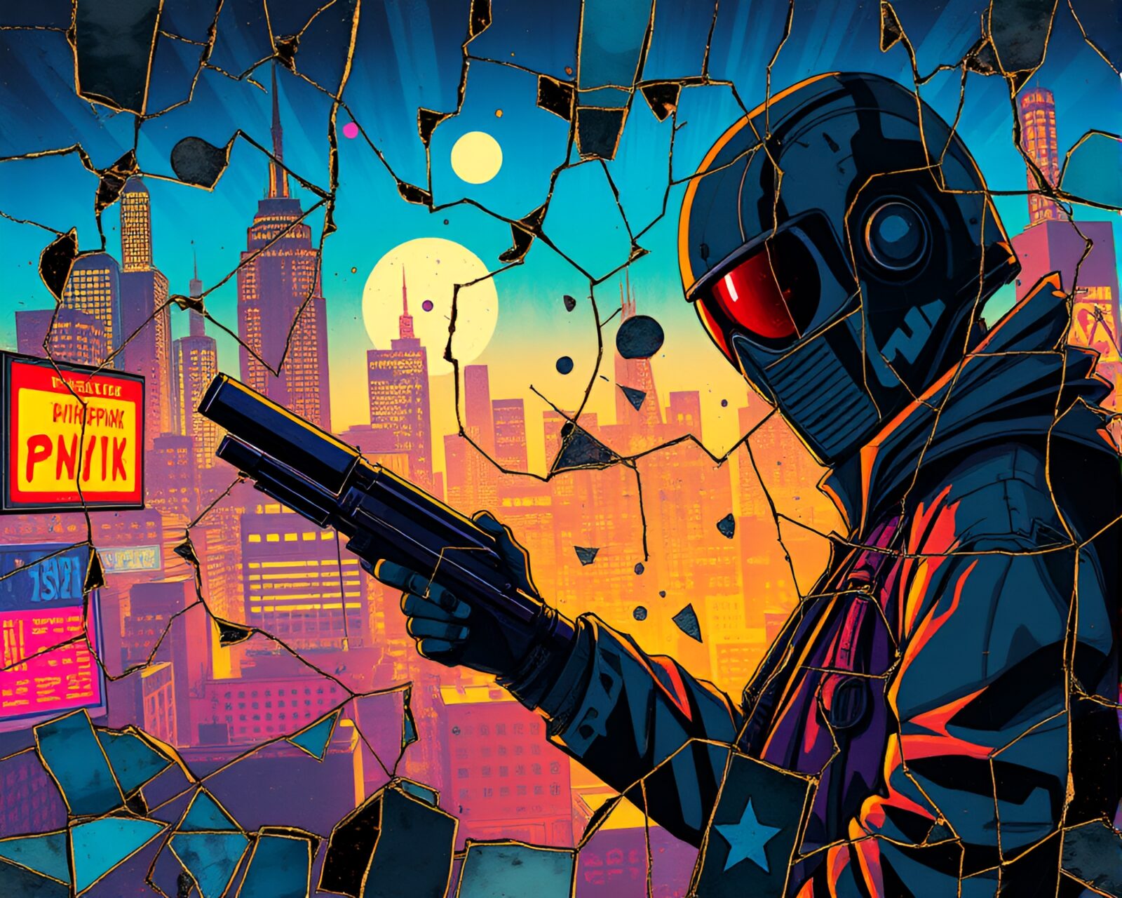 Illustration of a cyberpunk vigilante in a hyper-saturated, fragmented mosaic world