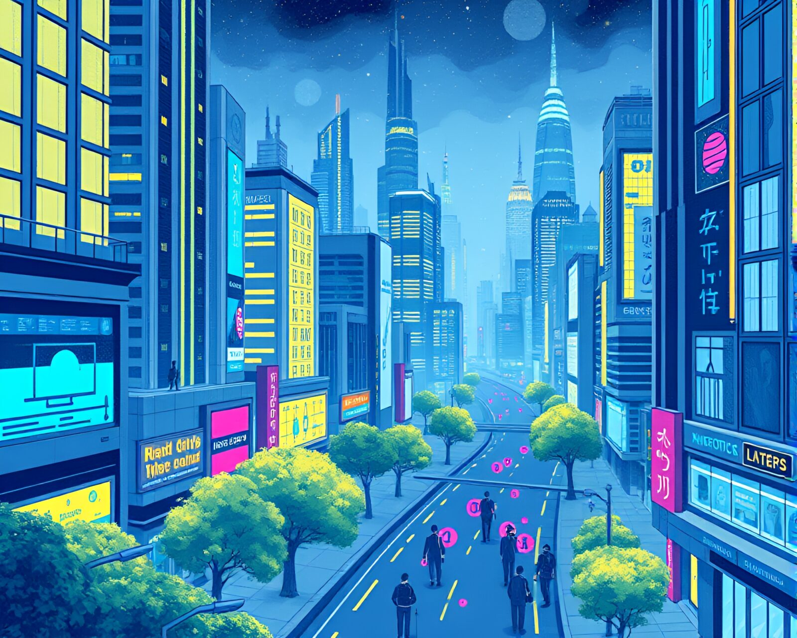 Illustration of futuristic city with cobalt blue lighting and mildew spots