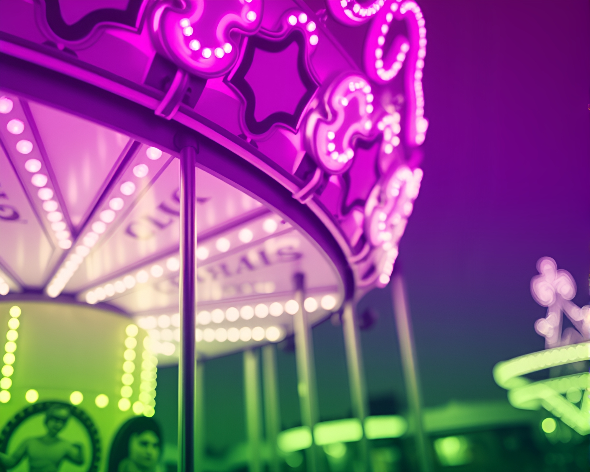 Vibrant Neon Carnival Carousel Duotone Close-Up – free AI stock image