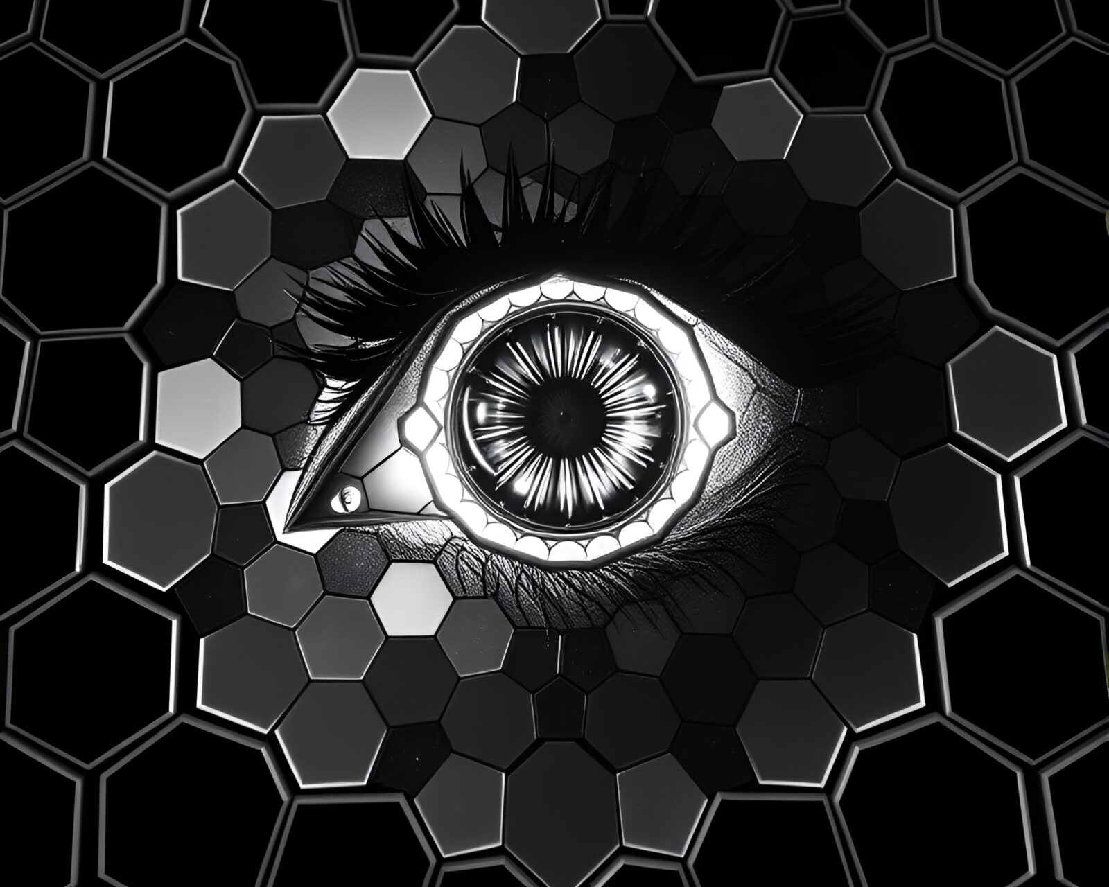 Futuristic black and white cybernetic eye with hexagonal patterns