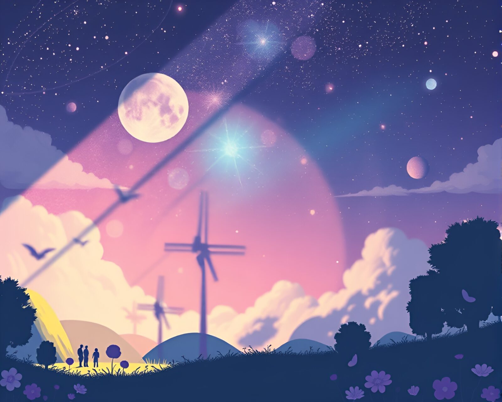 Fantasy illustration of a sky garden with stencil shadows