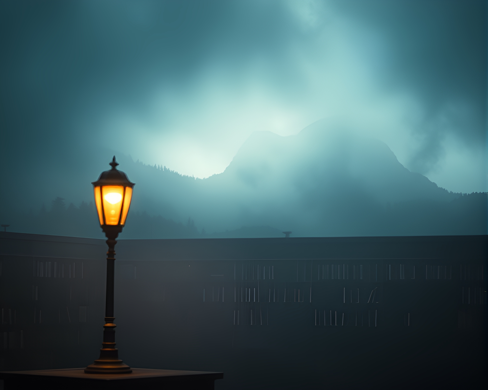 Mist-shrouded Mountain Library Lamp Vaporwave Composition – free AI stock image