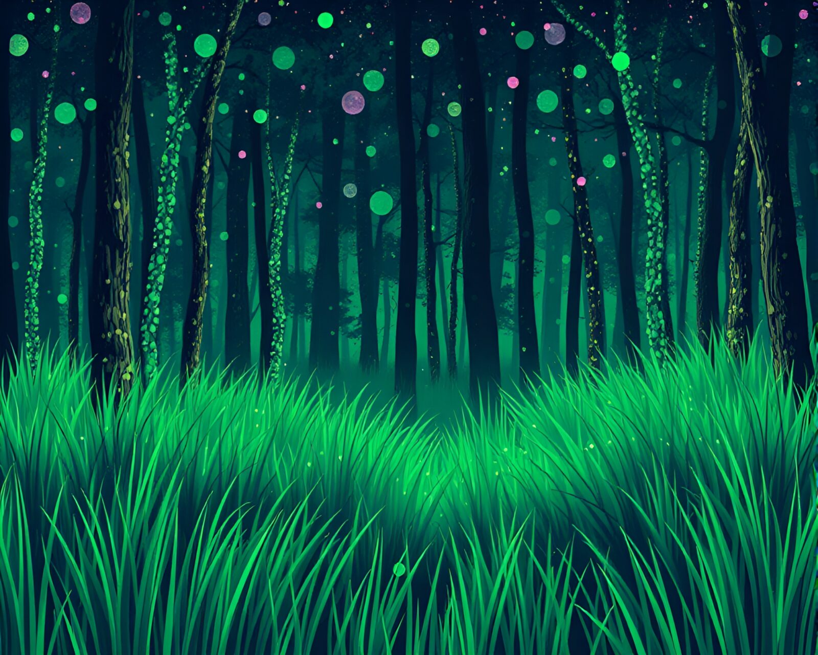 Stylized pointillist artwork of green savannah with vaporwave hues