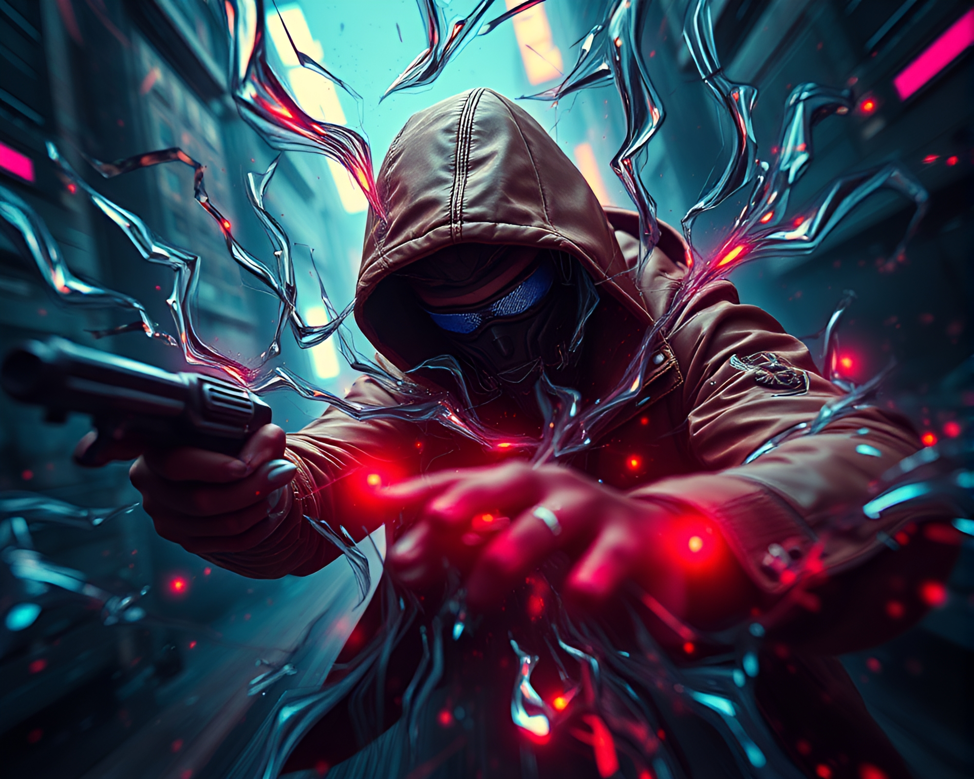 Cyberpunk Vigilante in Fluid Simulation Cityscape – free AI stock image