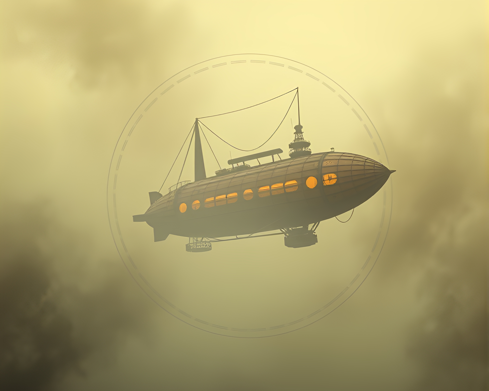 Steampunk Airship in Circular Frame with Smoky Haze – free AI stock image