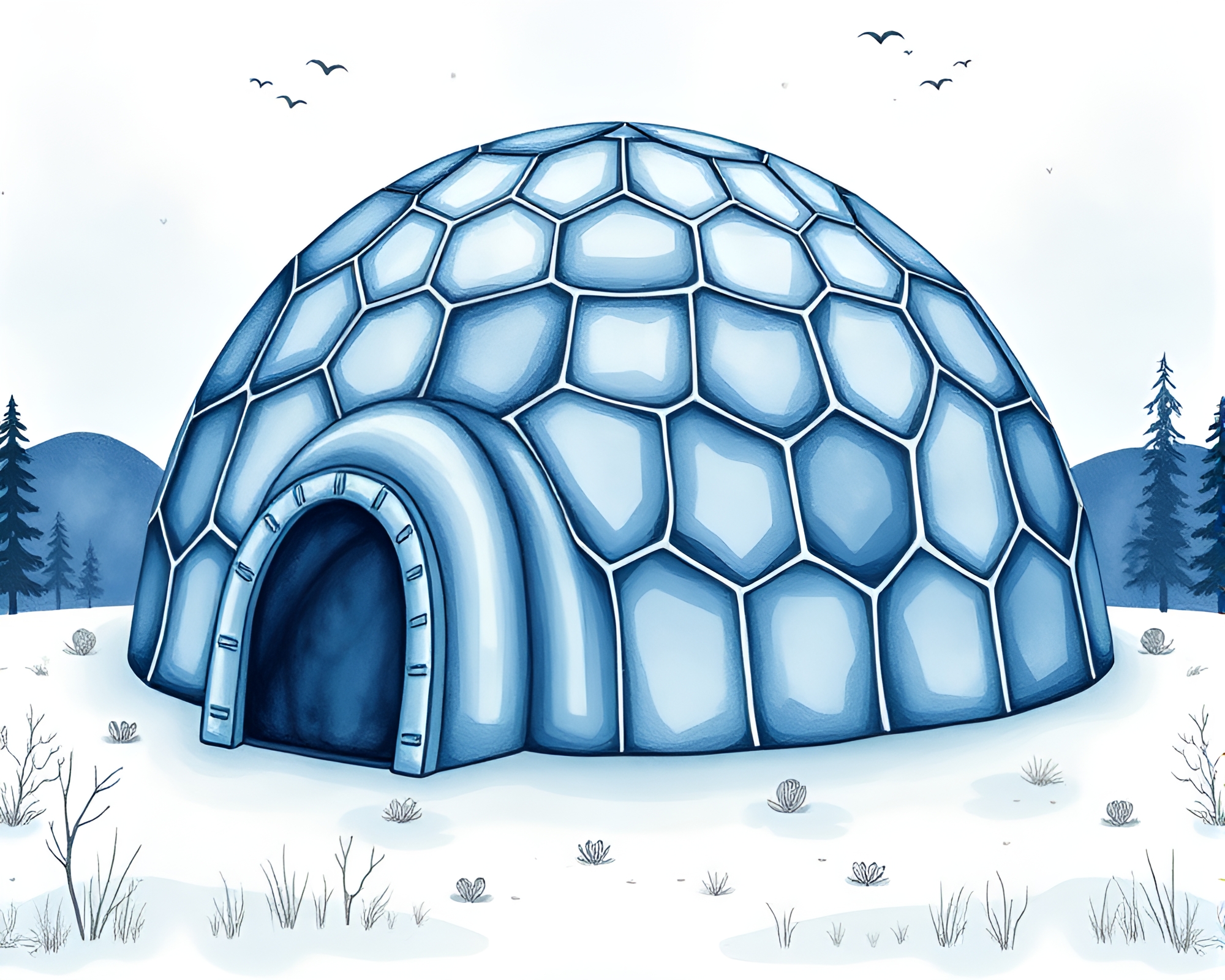 Mesmerizing Glass Igloo in Watercolor Wildlife Setting – free AI stock image