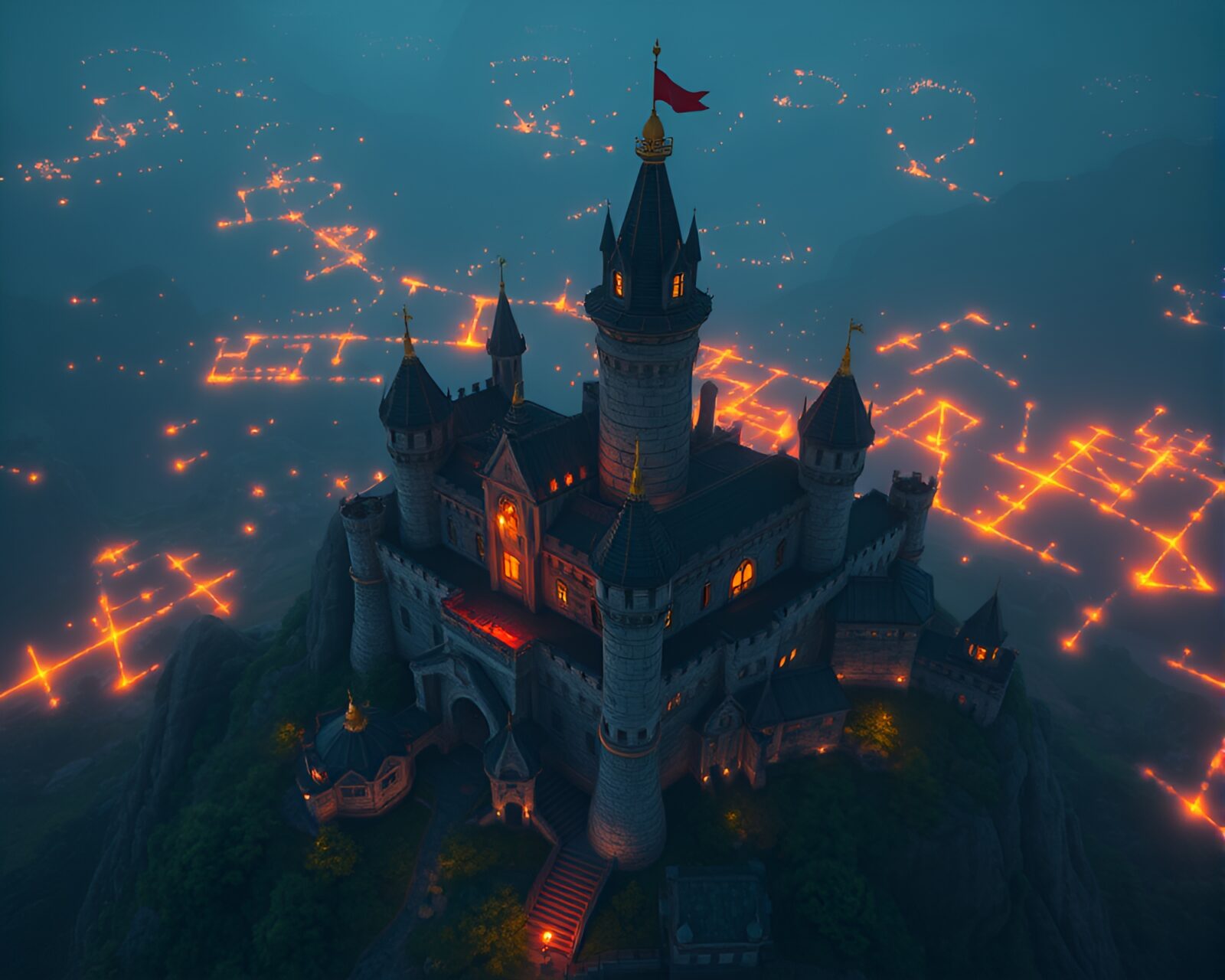 A digitally rendered castle hovering over pixelated landscapes