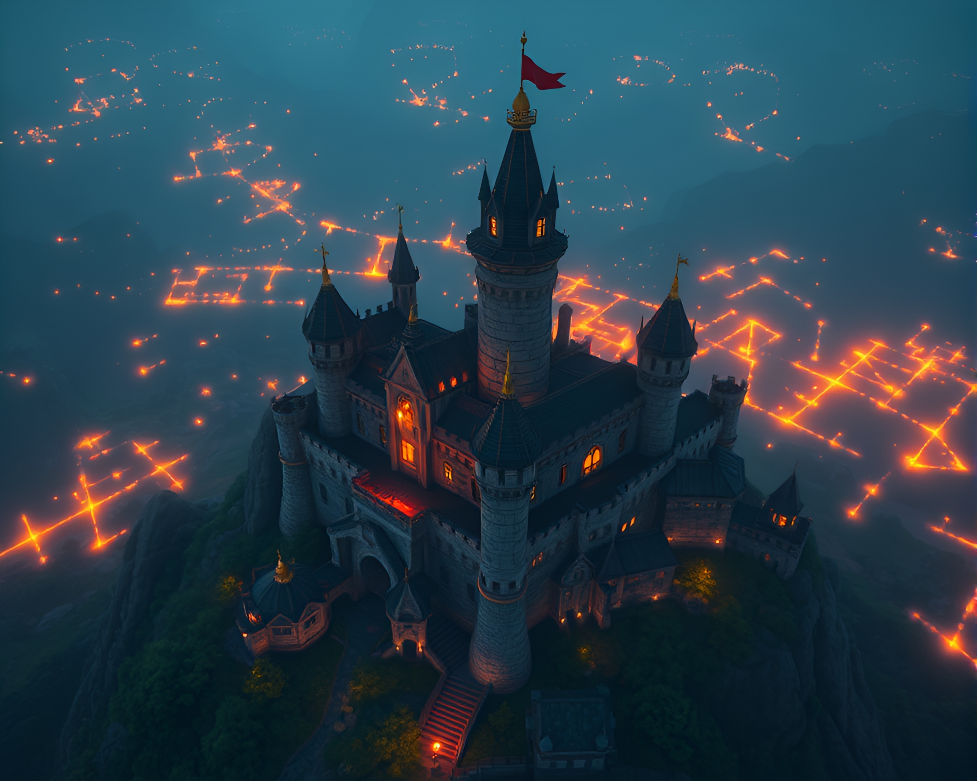 Castle Fortress in Pixelated CGI Bird’s Eye View – free AI stock image