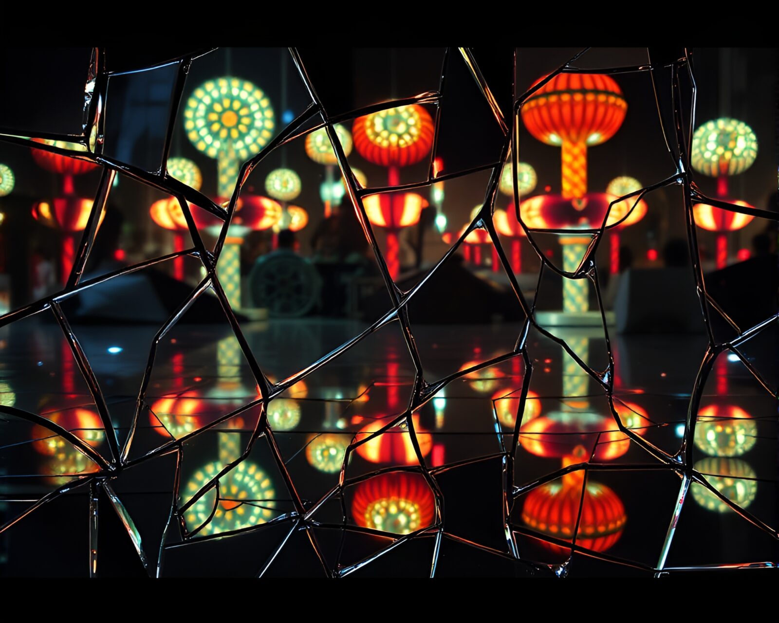 Colorful carnival lights reflecting on broken glass in tessellated pattern