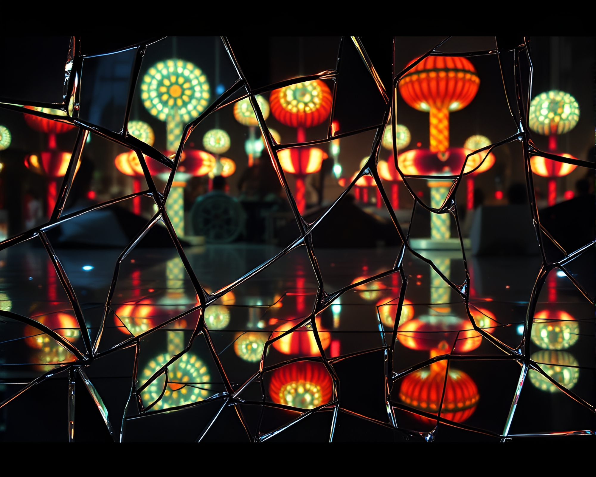 Broken Glass Carnival Lights in Retrowave Tessellation – free AI stock image