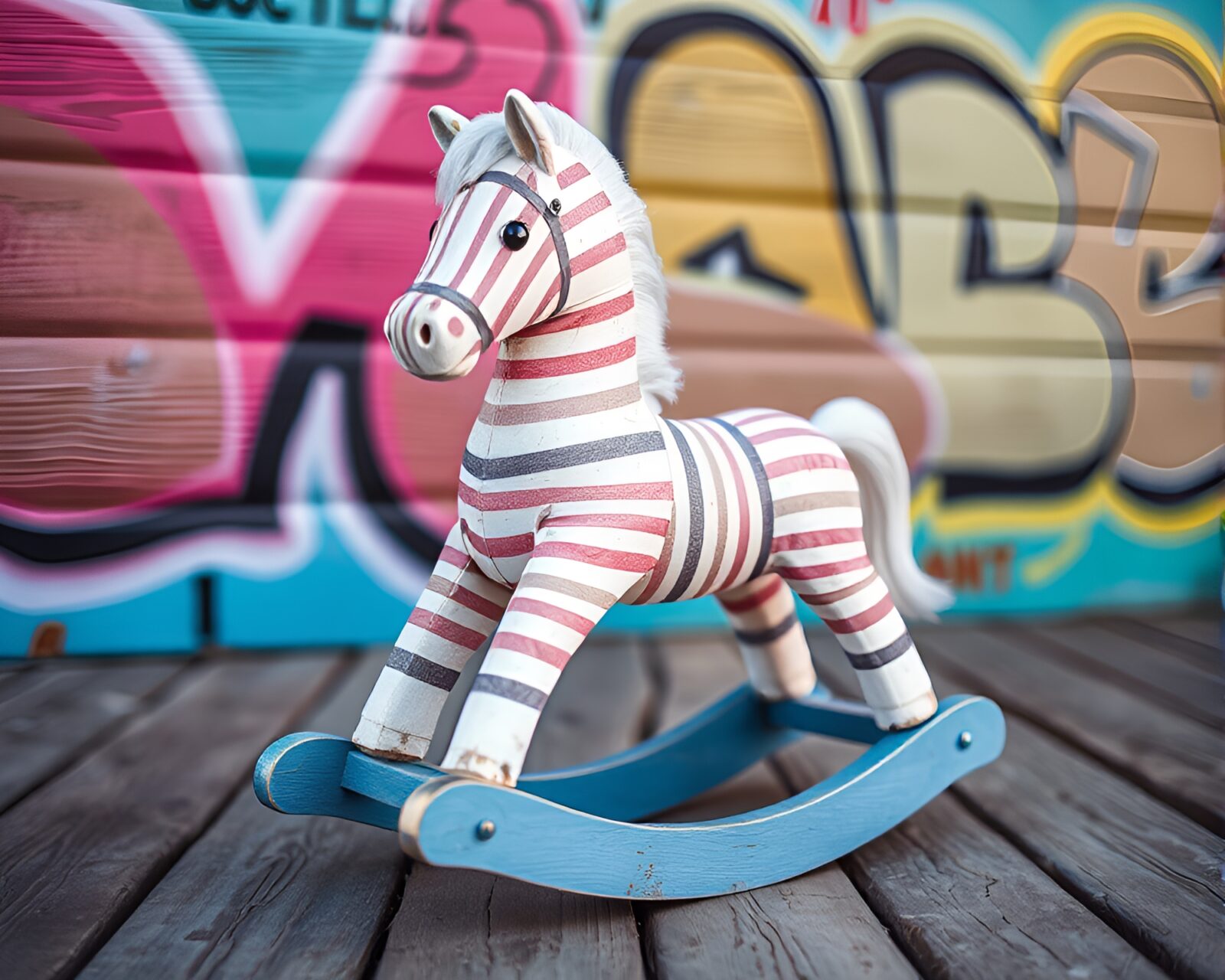 Striped patterned wooden rocking horse in pastel graffiti alley