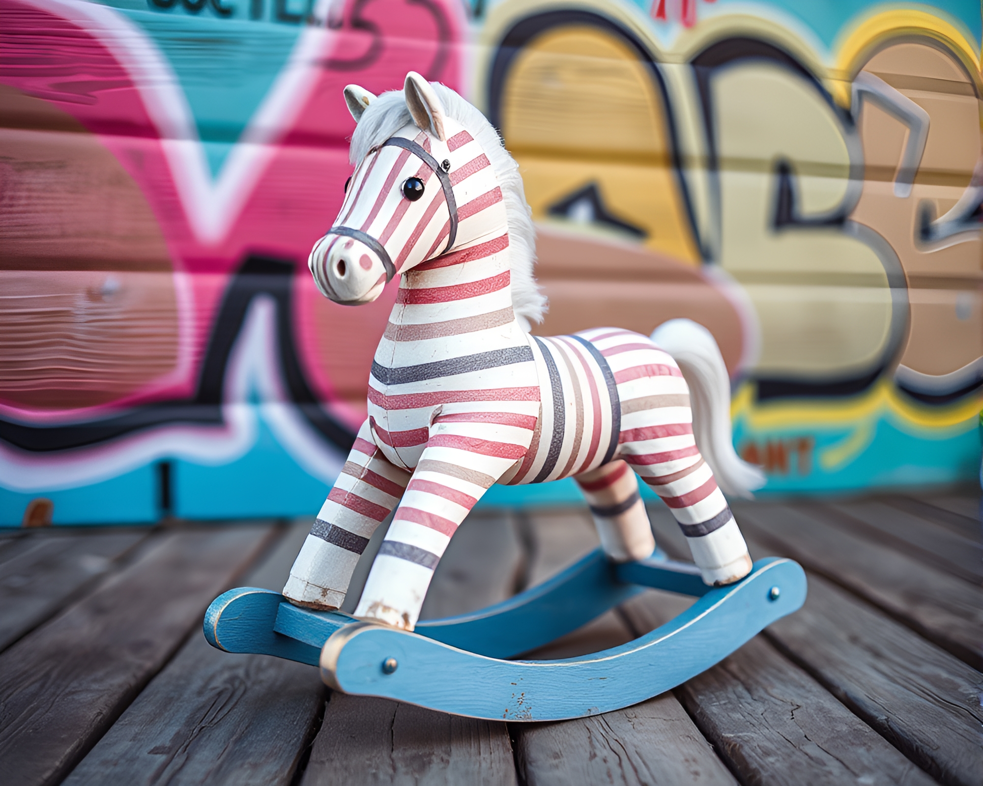 Pastel Graffiti Wooden Rocking Horse Composition – free AI stock image