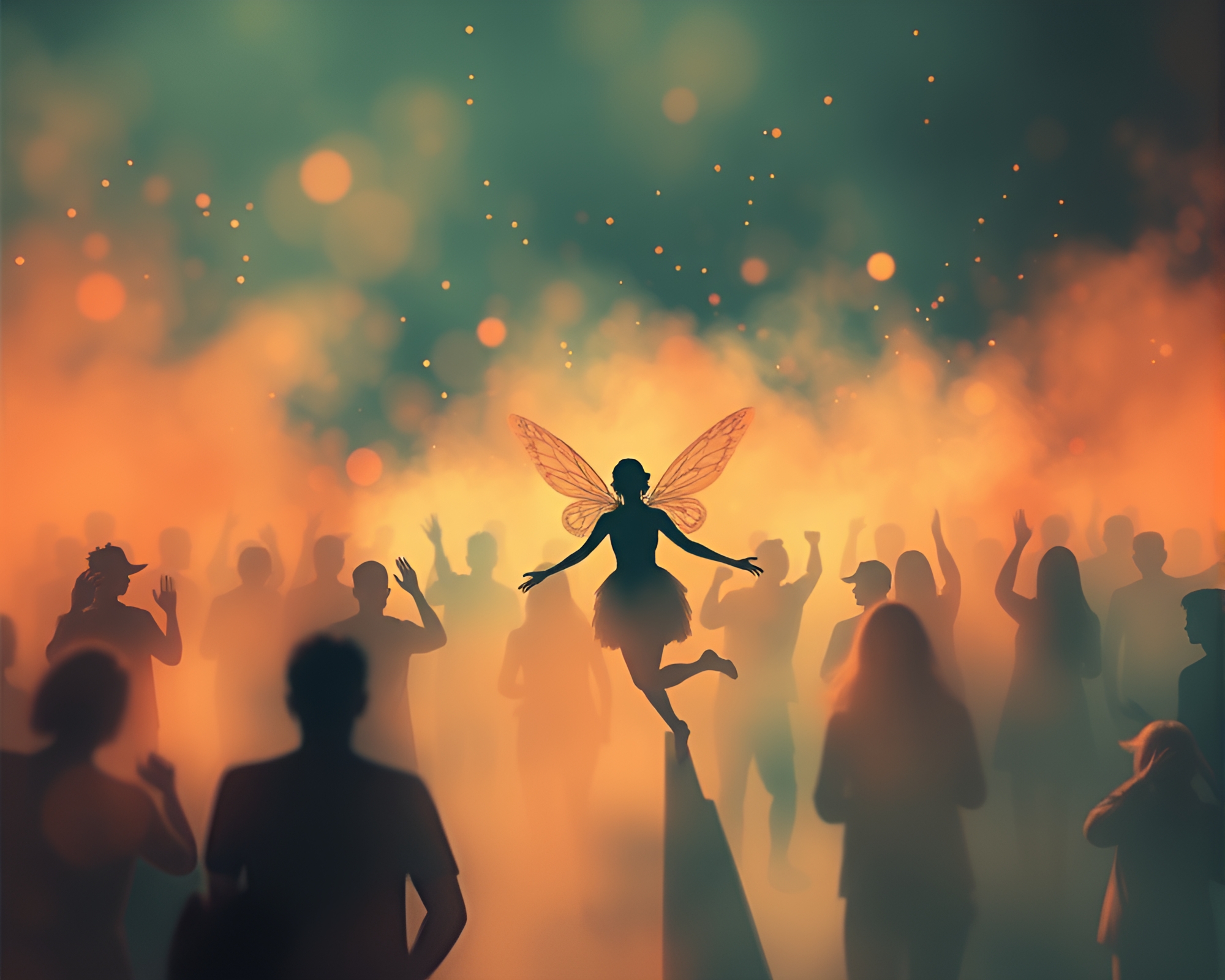 Enchanted Forest Dance: Fairy Crowds under Hazy Skies – free AI stock image