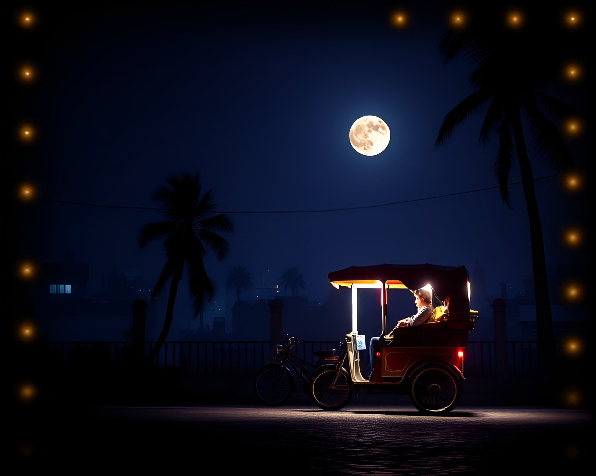 Moonlit Rickshaw Ride in Ultraviolet Vignette Border – free AI stock image