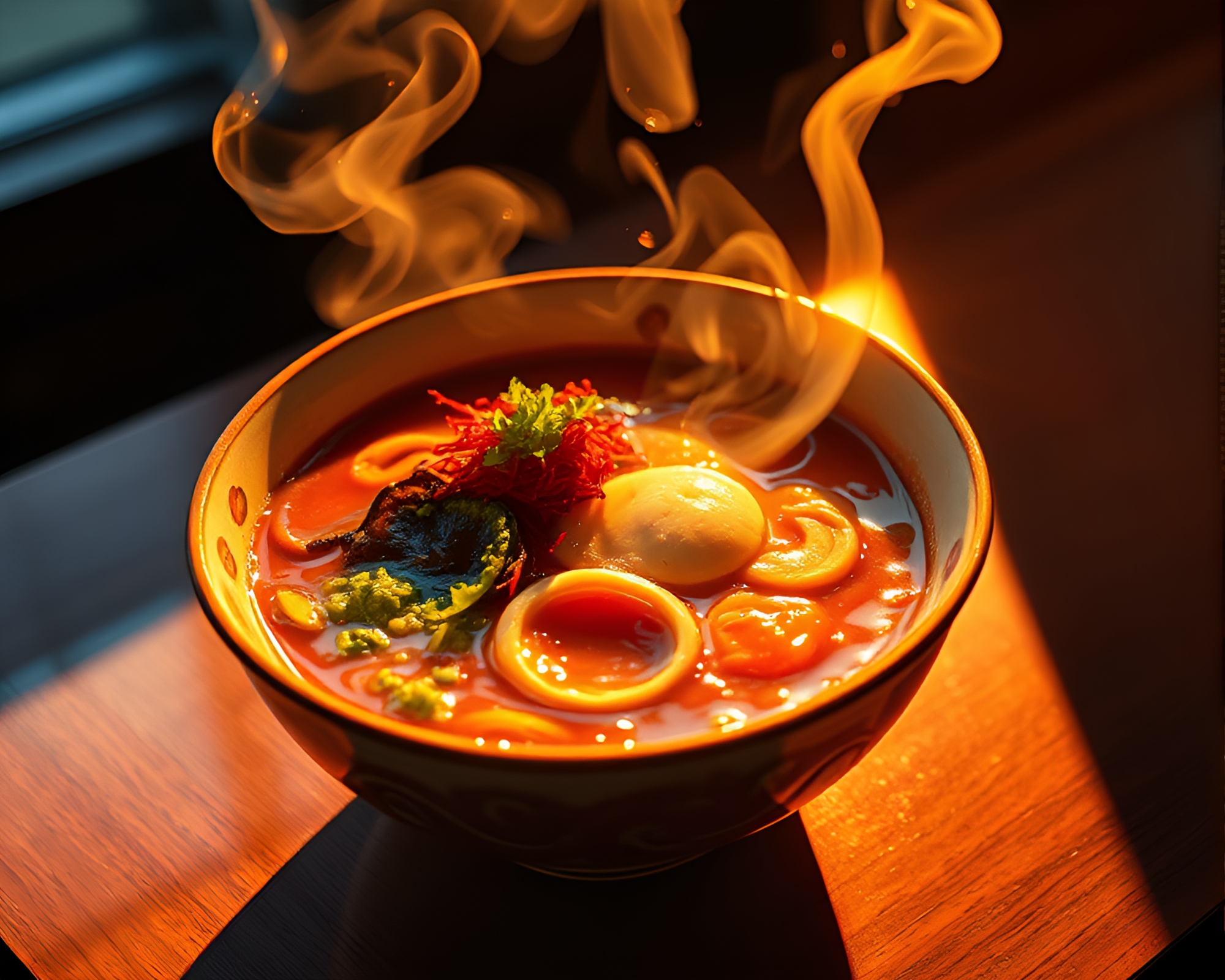 Prism Refraction: Ramen Bowl in Golden Hour Light – free AI stock image