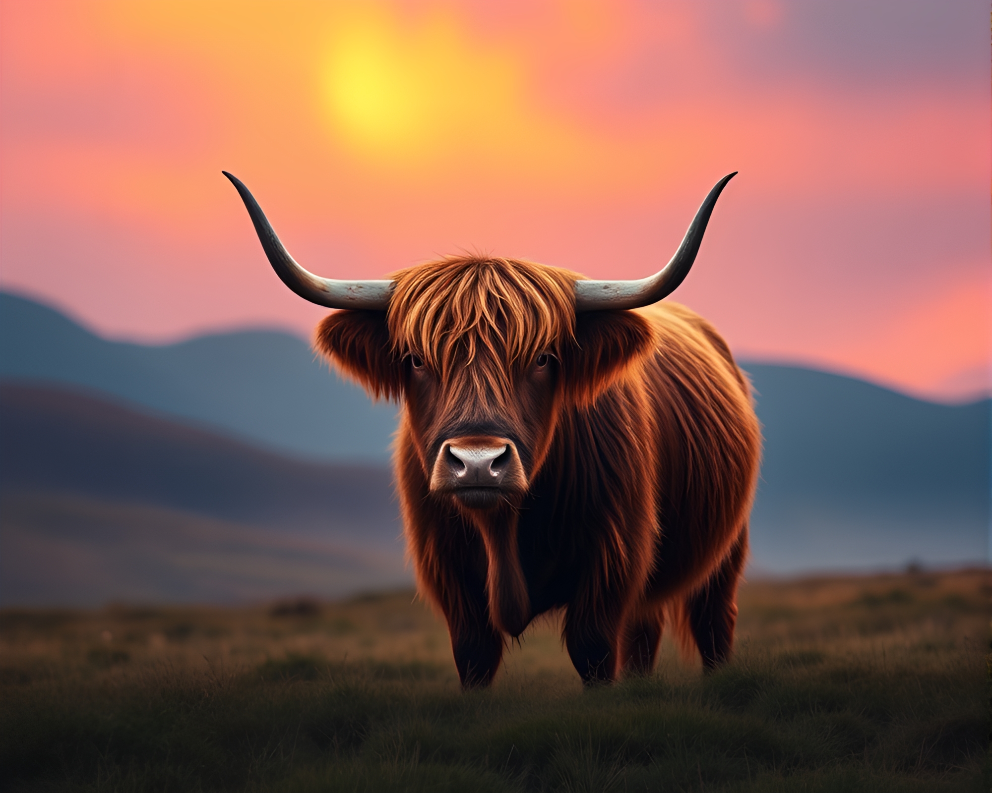 Highland cow in aurora hues flat design studio – free AI stock image