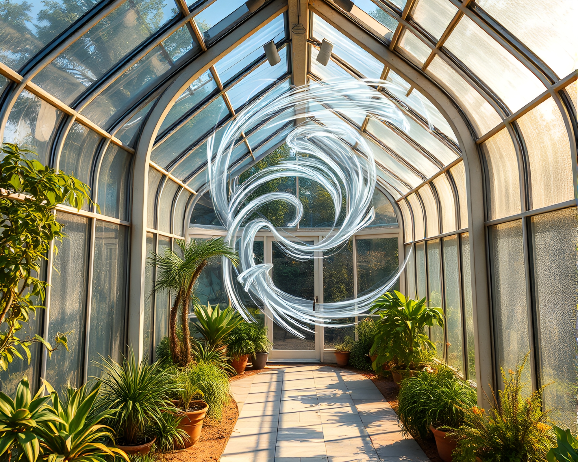 Swirling Vortex in Glass Greenhouse Blueprint Style – free AI stock image