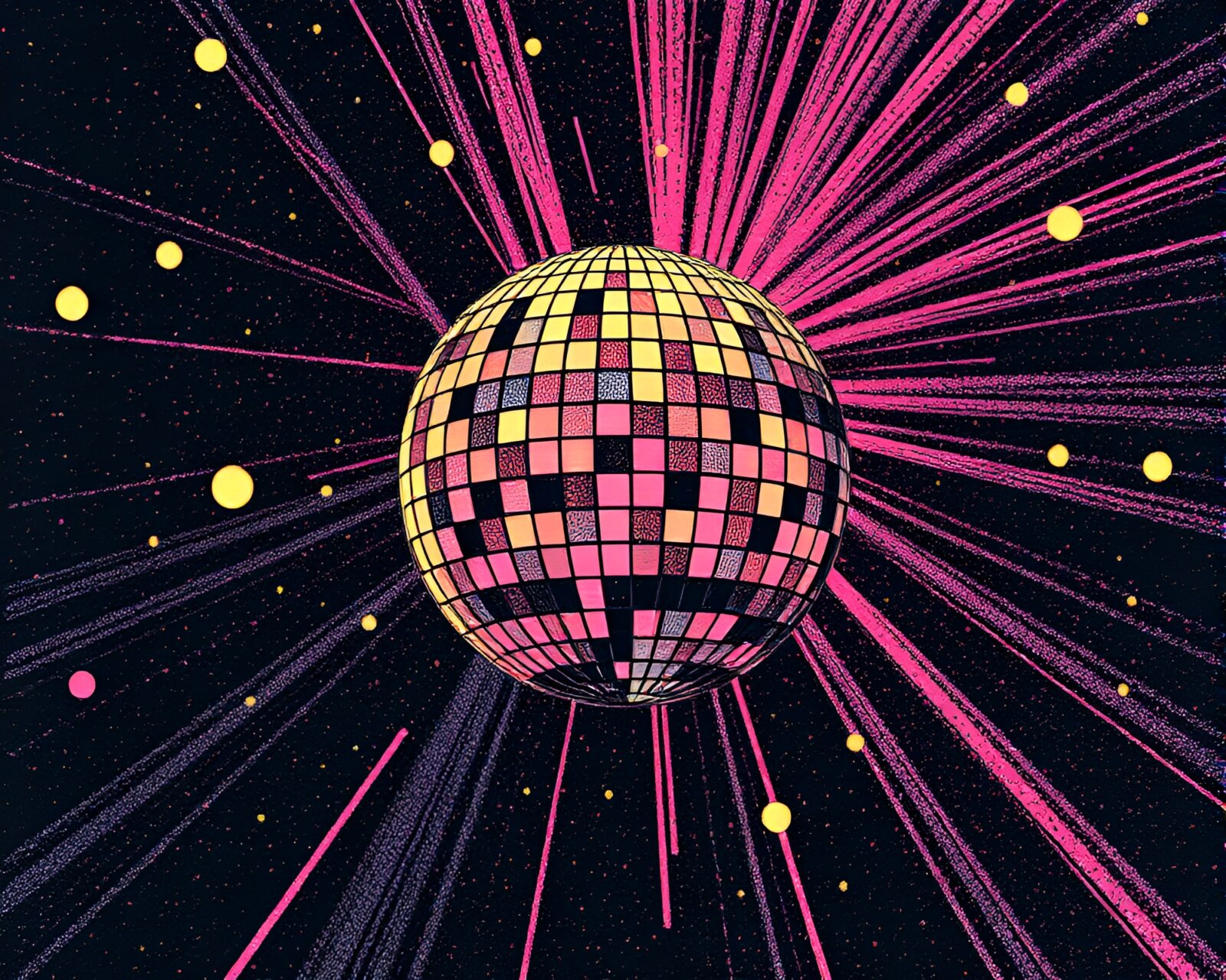 Vibrant disco ball glowing in retro synthwave linocut style