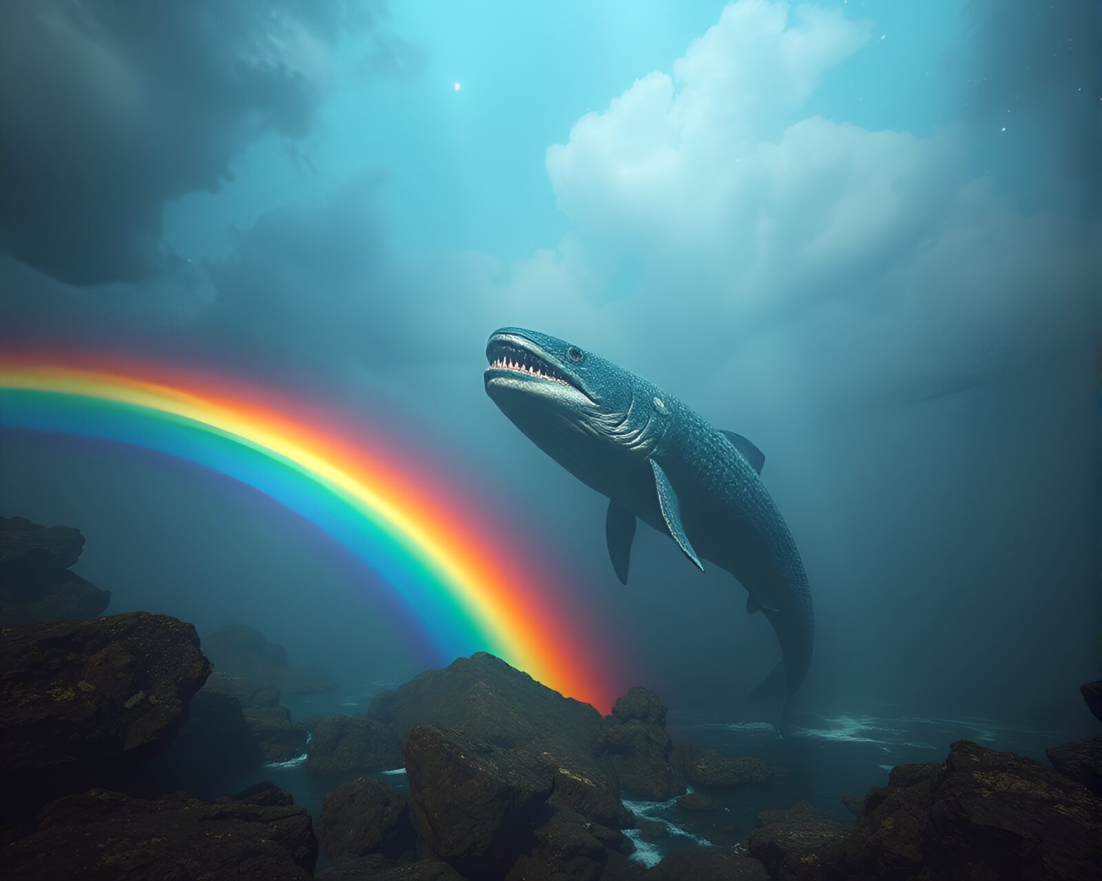 Glowing rainbow Leviathan surrounded by cosmic particles and lines