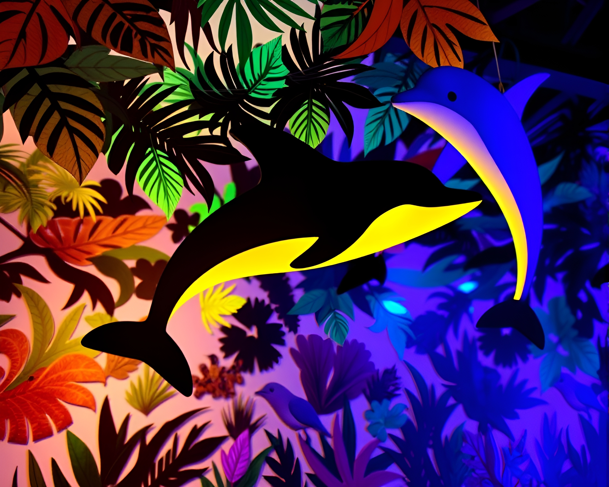 Vibrant Dolphin Collage in Jungle Canopy Shade – free AI stock image