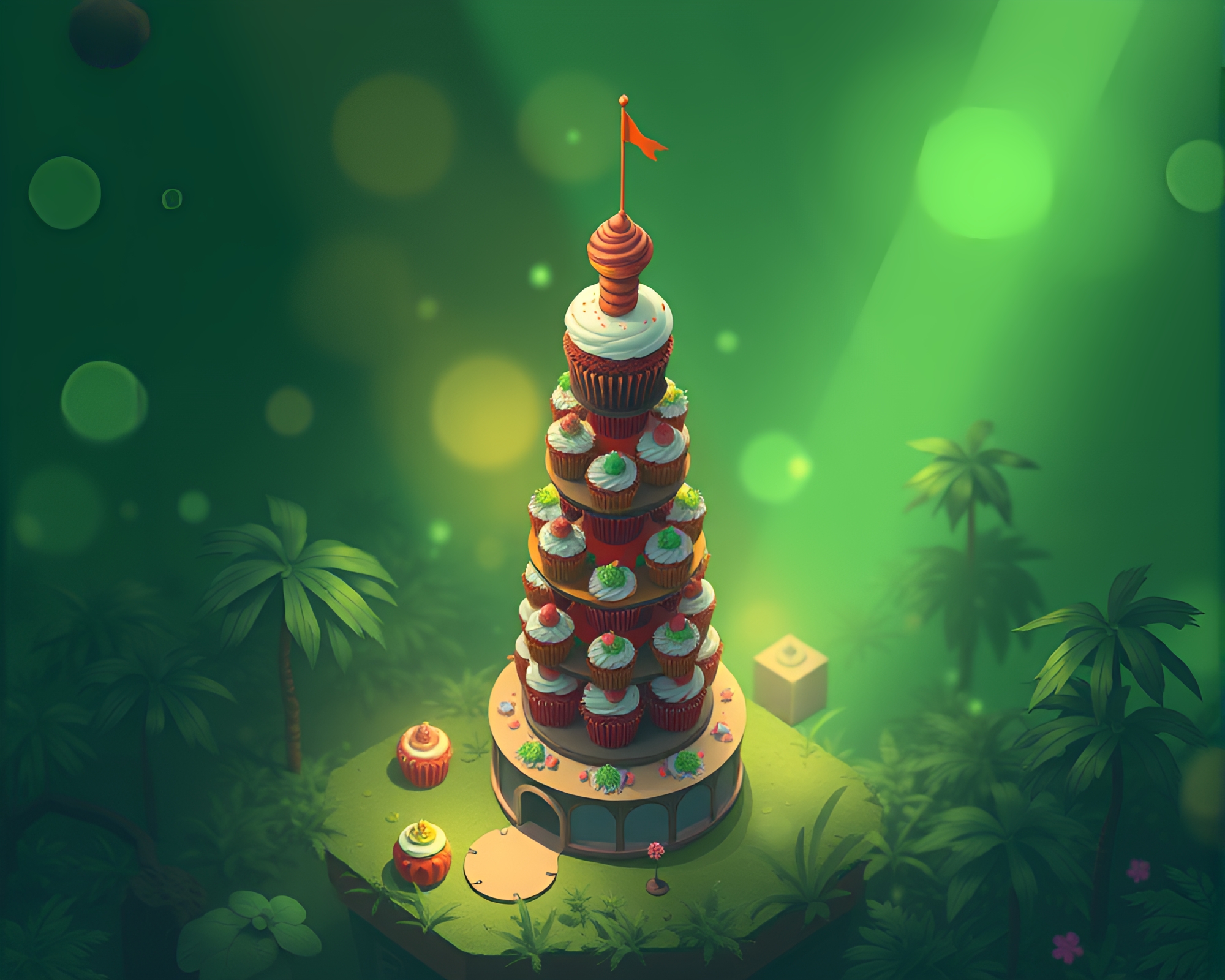 Cupcake Tower in Enchanted Rainforest Isometric Illustration – free AI stock image