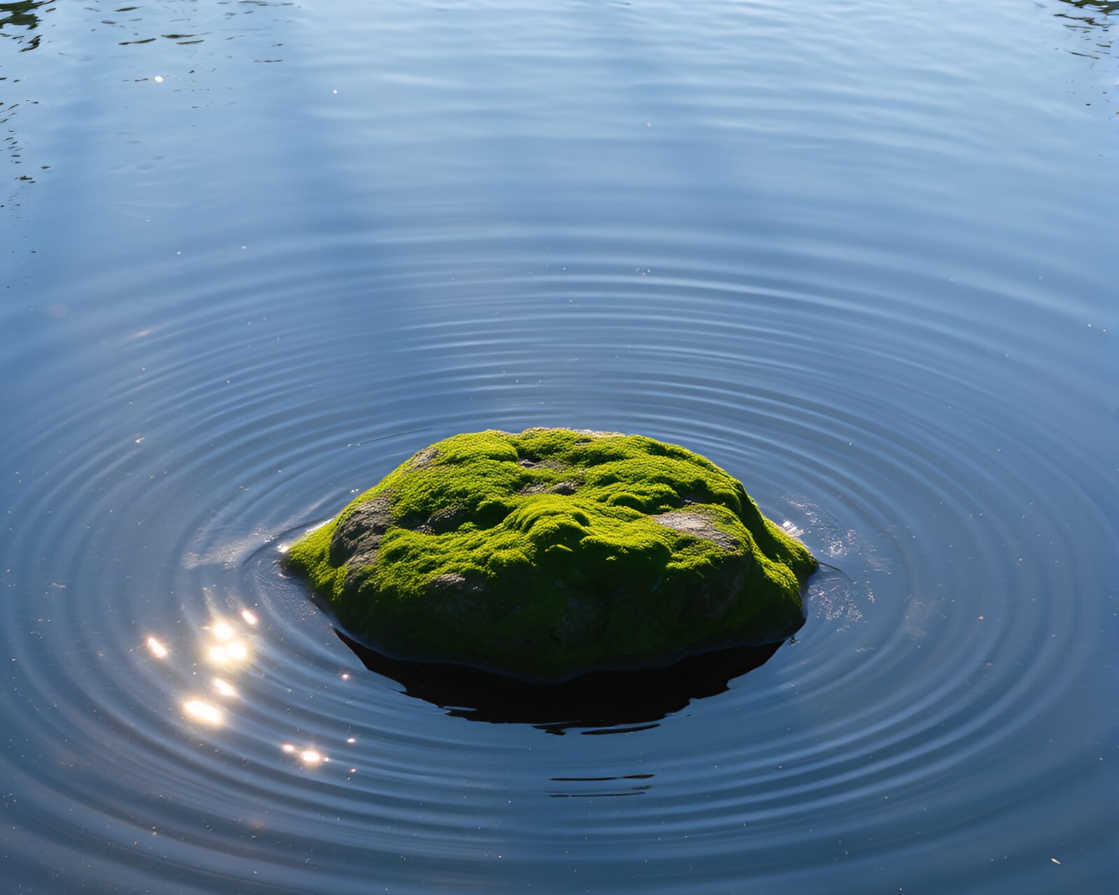 Stipple shaded image of mossy rock reflecting sun rays