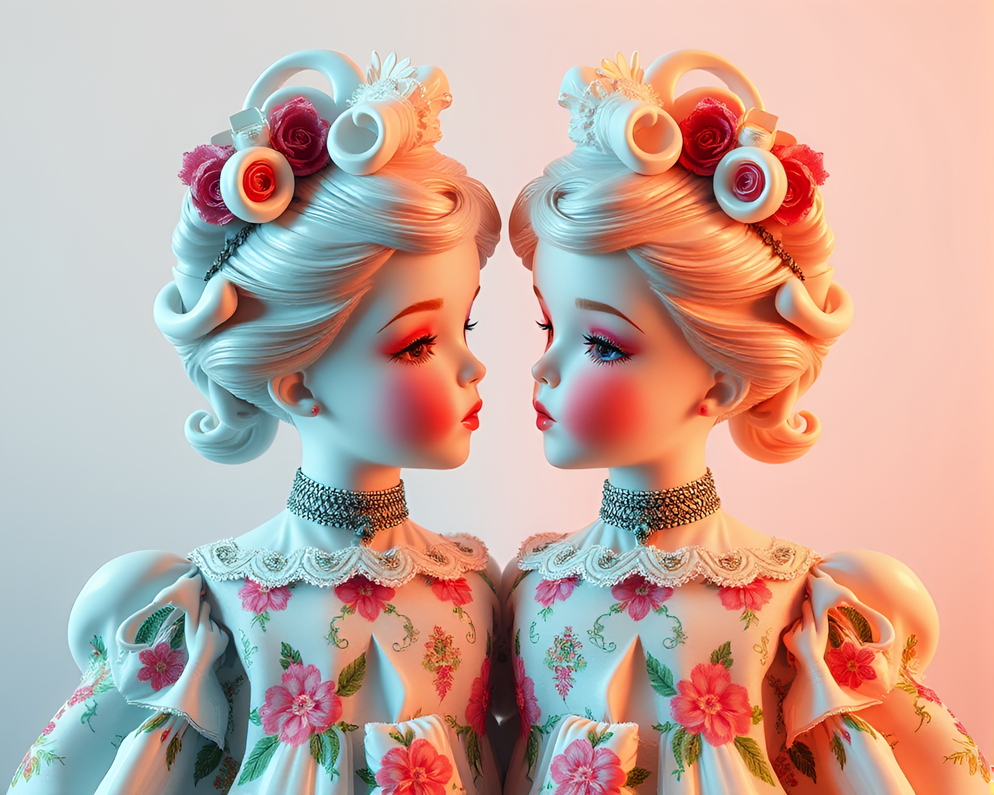 Symmetrical Porcelain Doll Reflection in Analogous Hues – free AI stock image