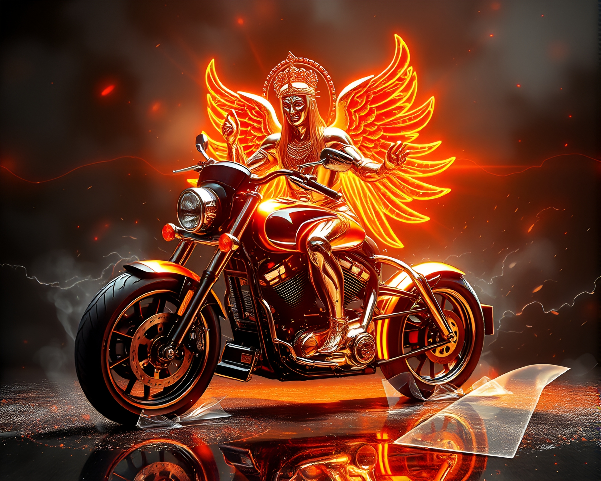 Glowing Neon Motorcycle with Silver Leaf Accents – free AI stock image