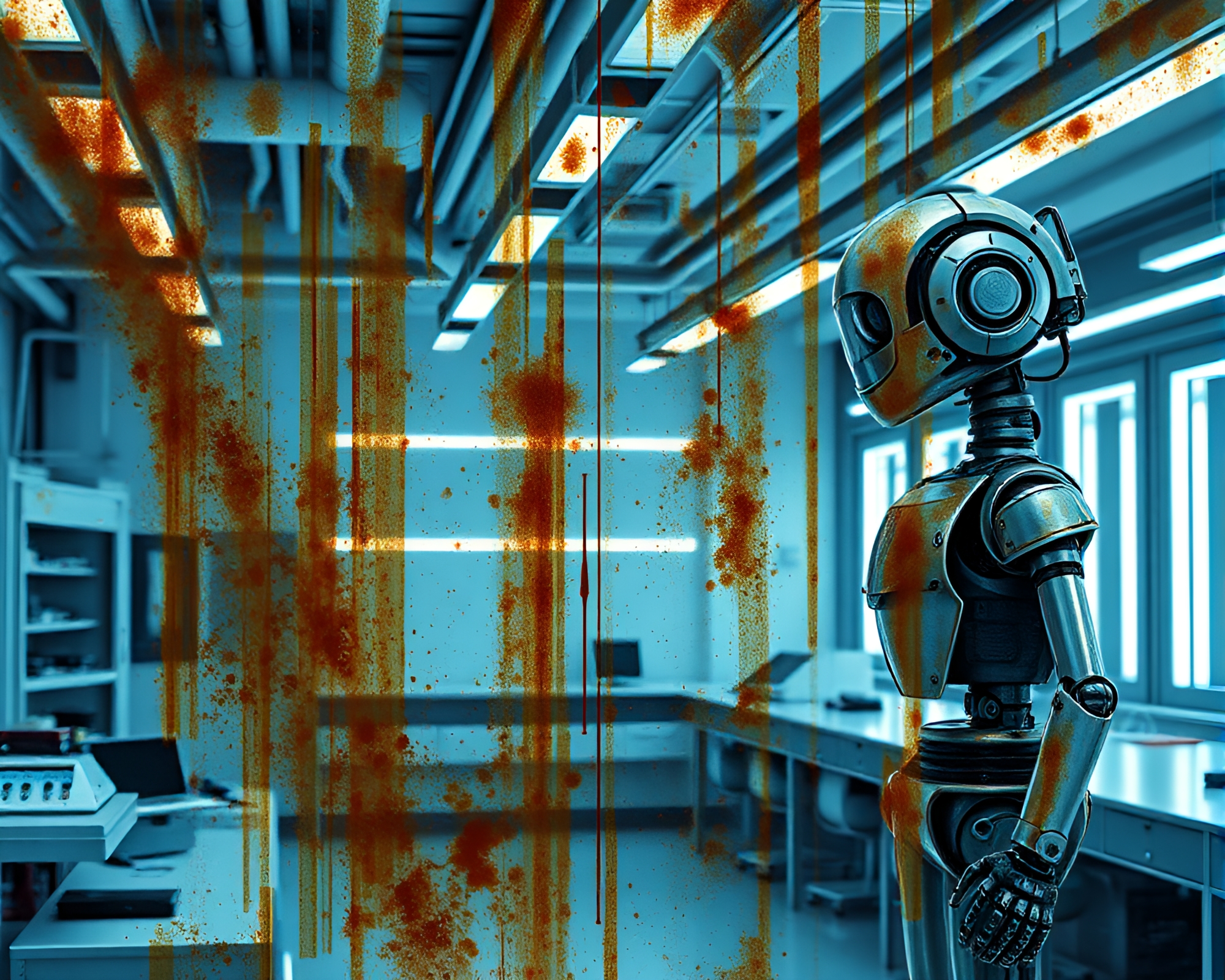 Dystopian Robotics Laboratory Rust Stains Composition – free AI stock image