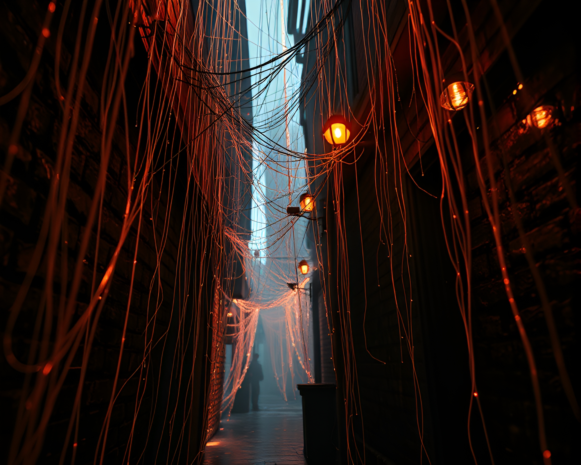 Cyberpunk Alley: Copper Hues and Cobweb Strands – free AI stock image