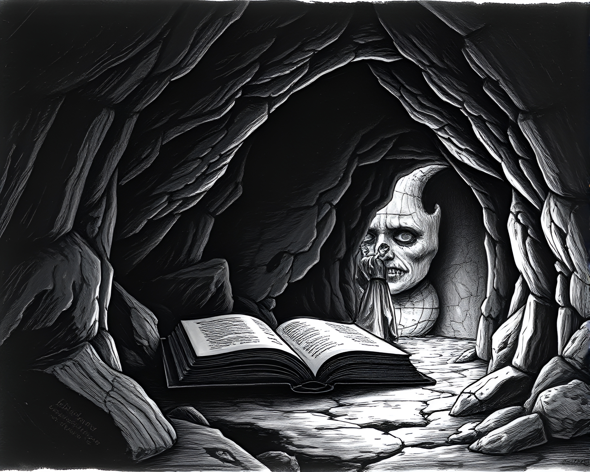 Enchanted Book at Cave Entrance Etching Composition – free AI stock image