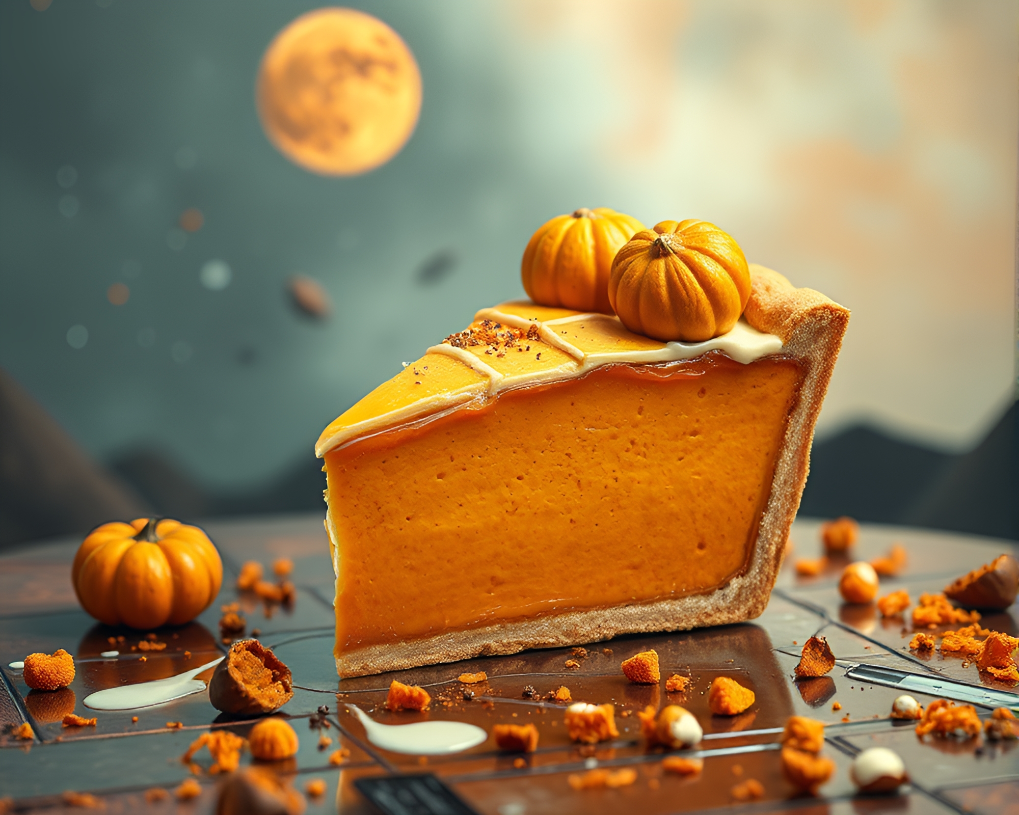 Distorted glass pumpkin pie in planetary pastel – free AI stock image