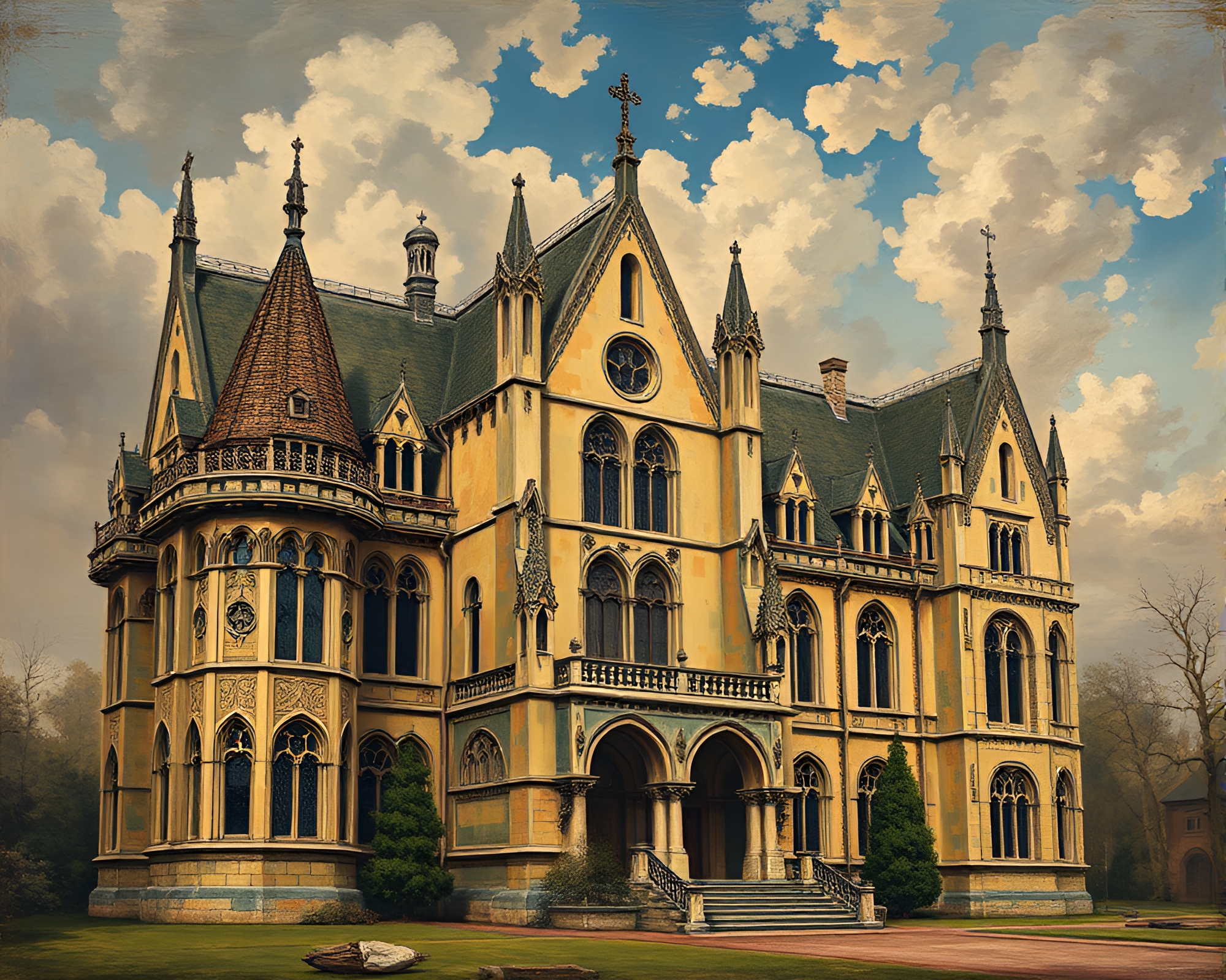 Neo-Gothic Mansion in Triadic Fresco Painting – free AI stock image