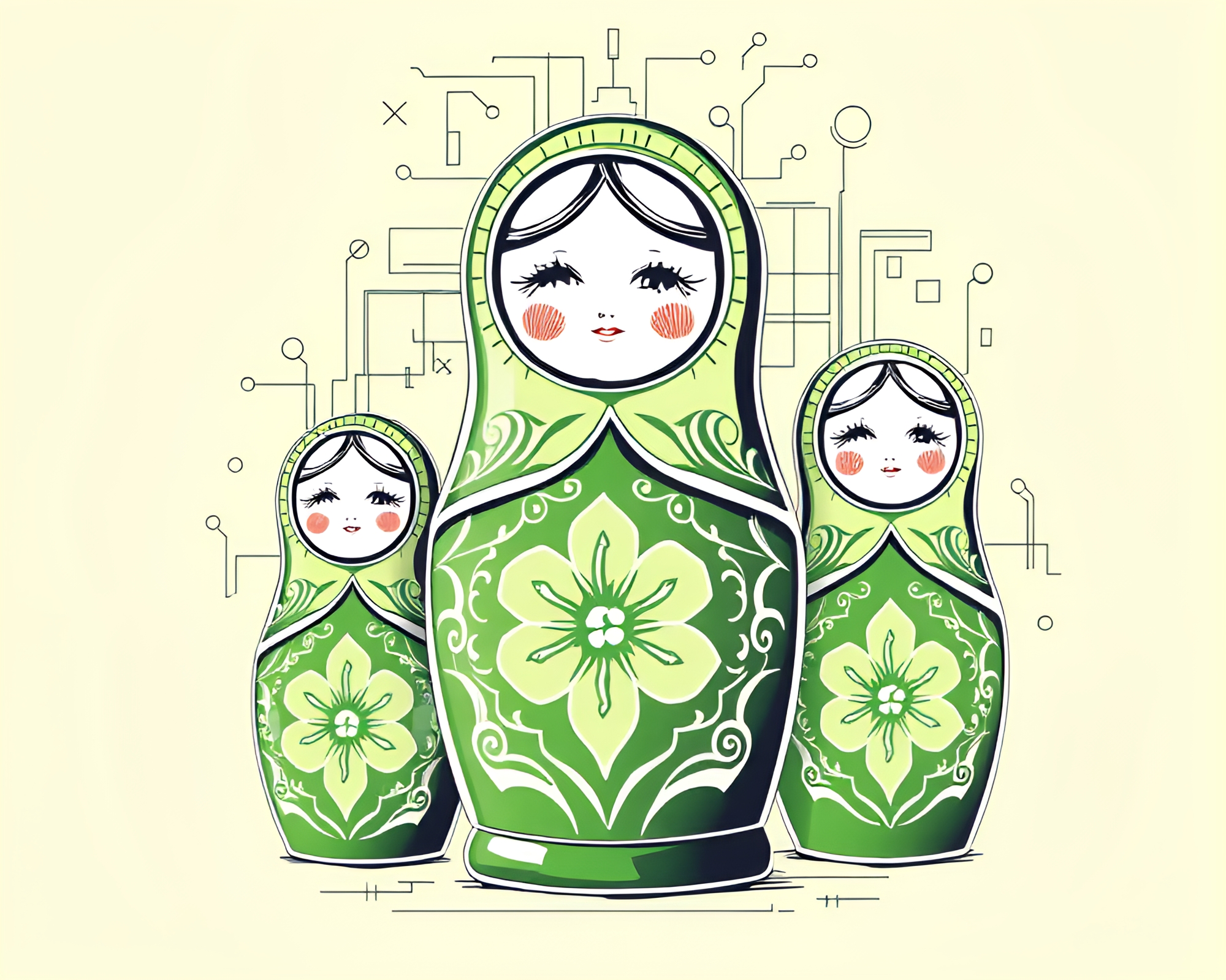 Matryoshka Doll in Monochrome Green Technical Illustration – free AI stock image