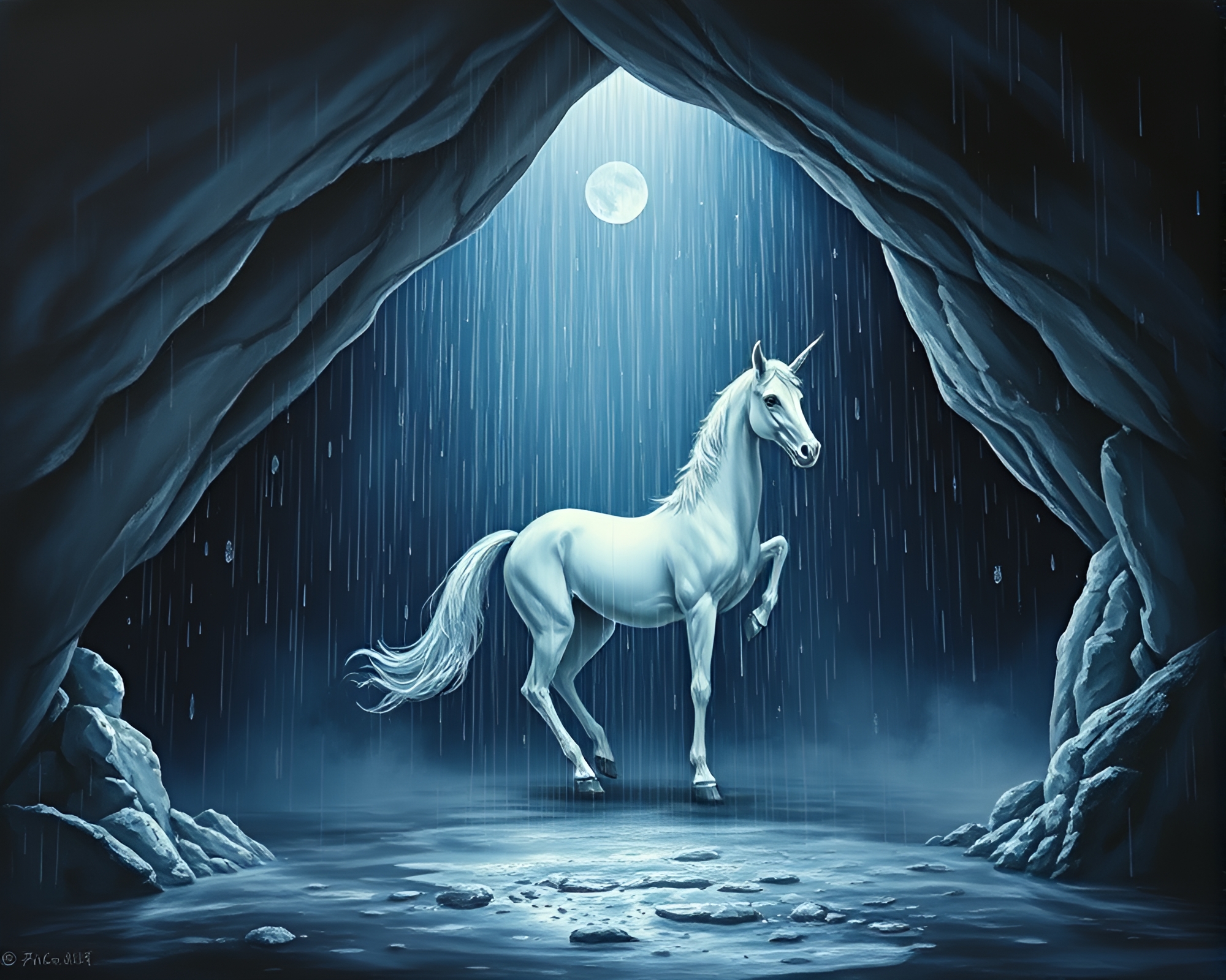 Enchanted Unicorn in Rainy Cave Entrance – free AI stock image