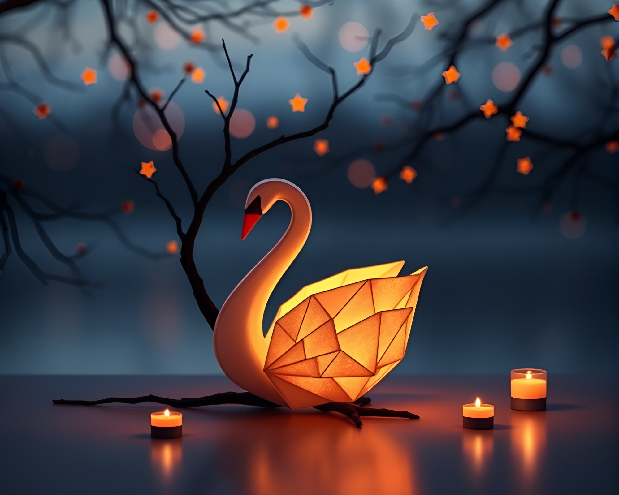 Ethereal Origami Swan Illuminated by Candle Lantern Light – free AI stock image