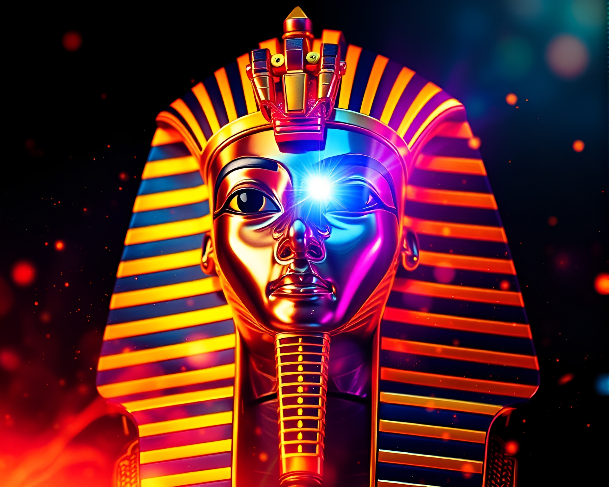 Pharaoh’s Mask Enveloped in Vibrant Neon Sunburst – free AI stock image