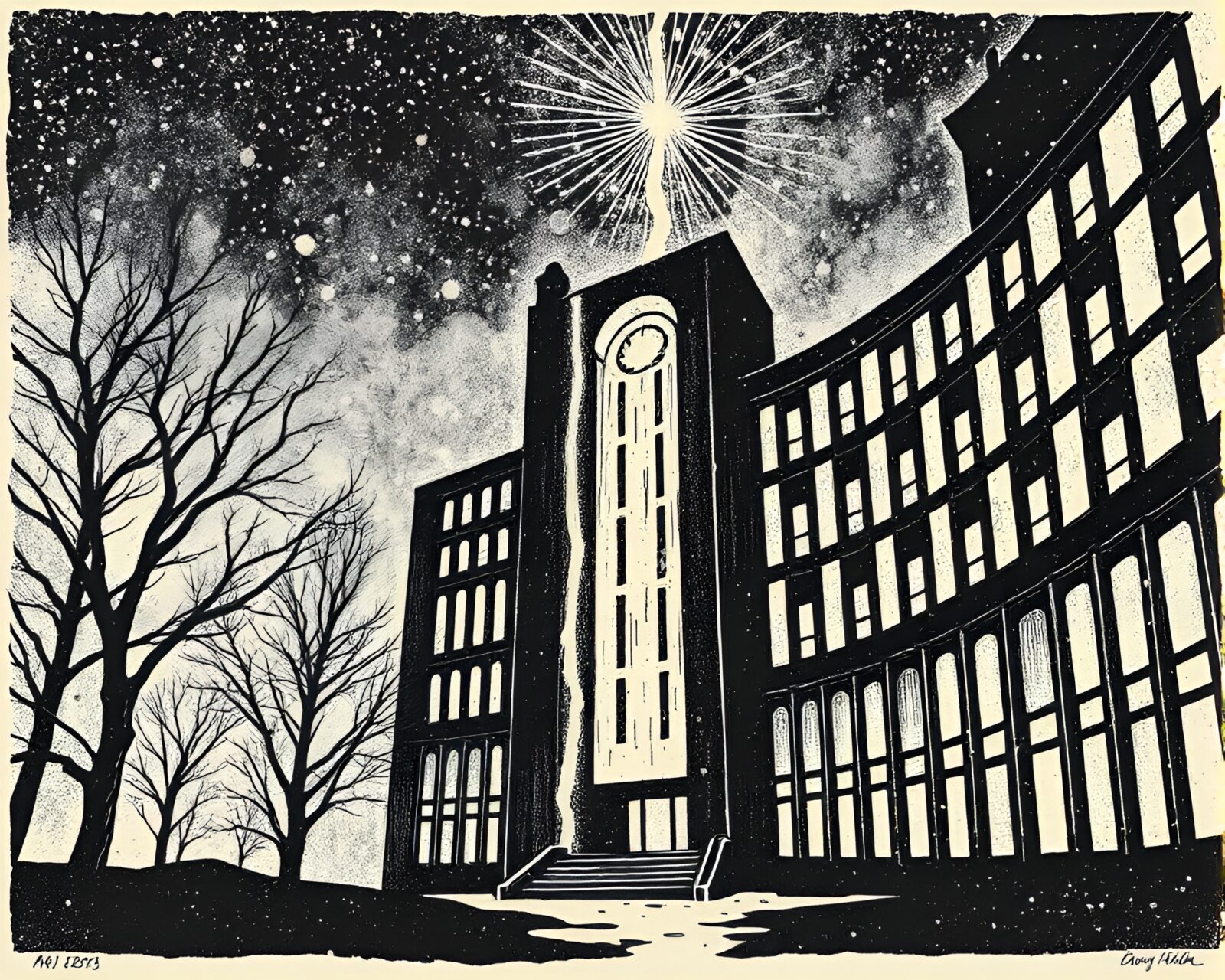 Contoured image of sparkling fairy lights on a brutalist structure