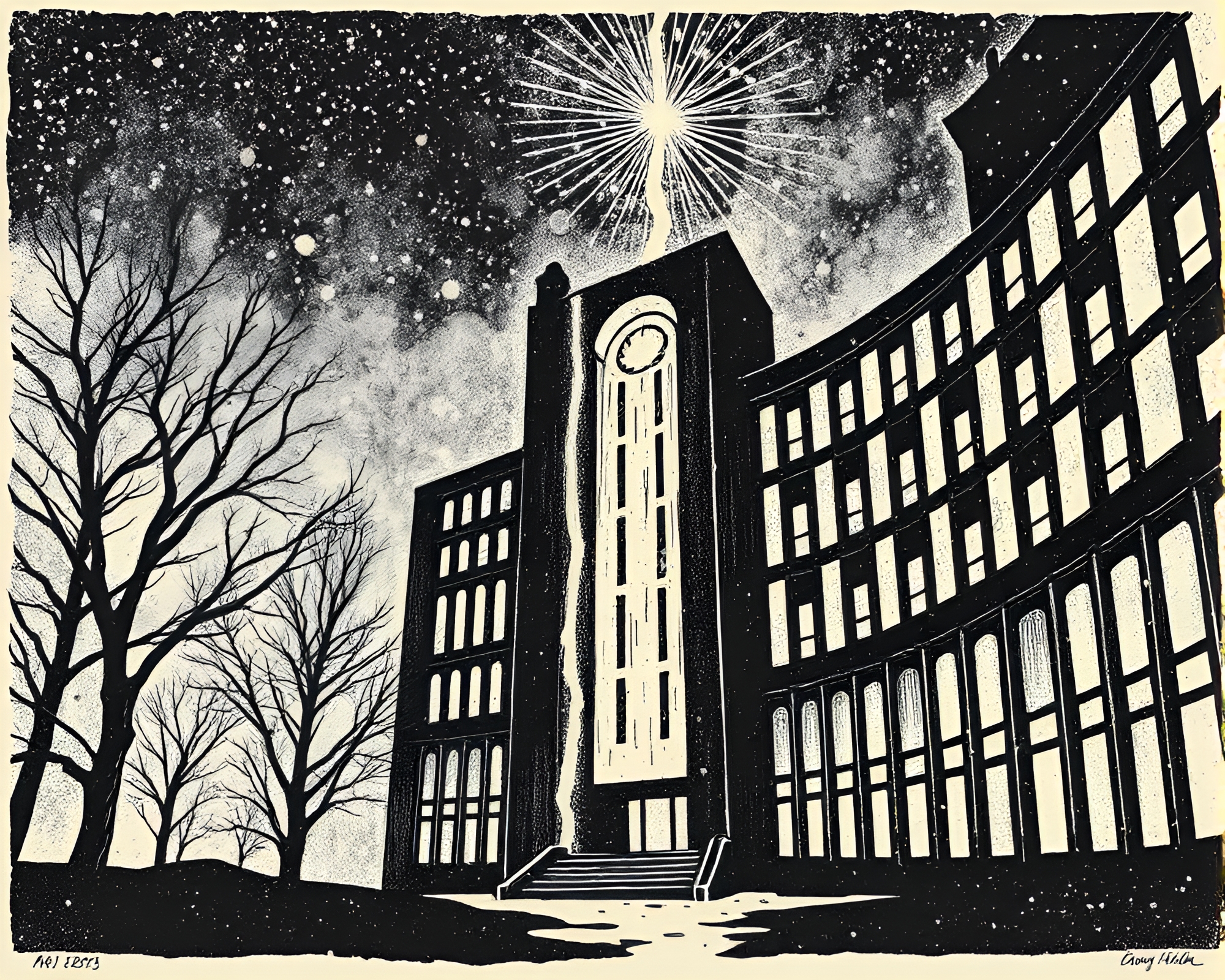Brutalist Building Illuminated by Fairy Lights Woodblock Print – free AI stock image