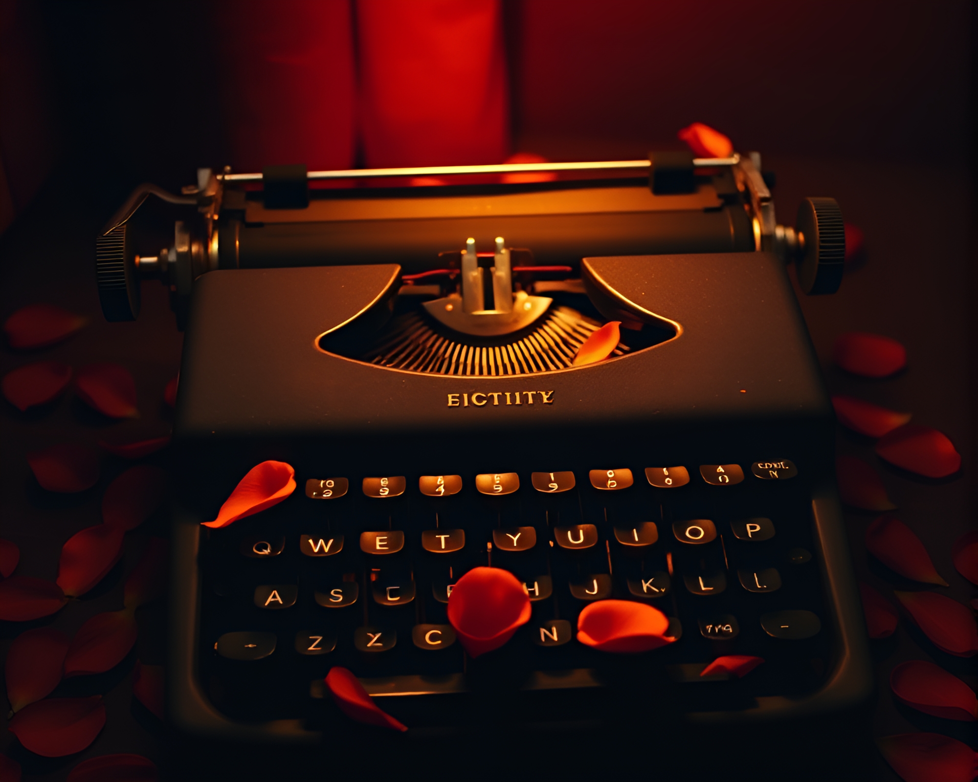 Vintage Typewriter Surrounded by Warm Flower Petals – free AI stock image