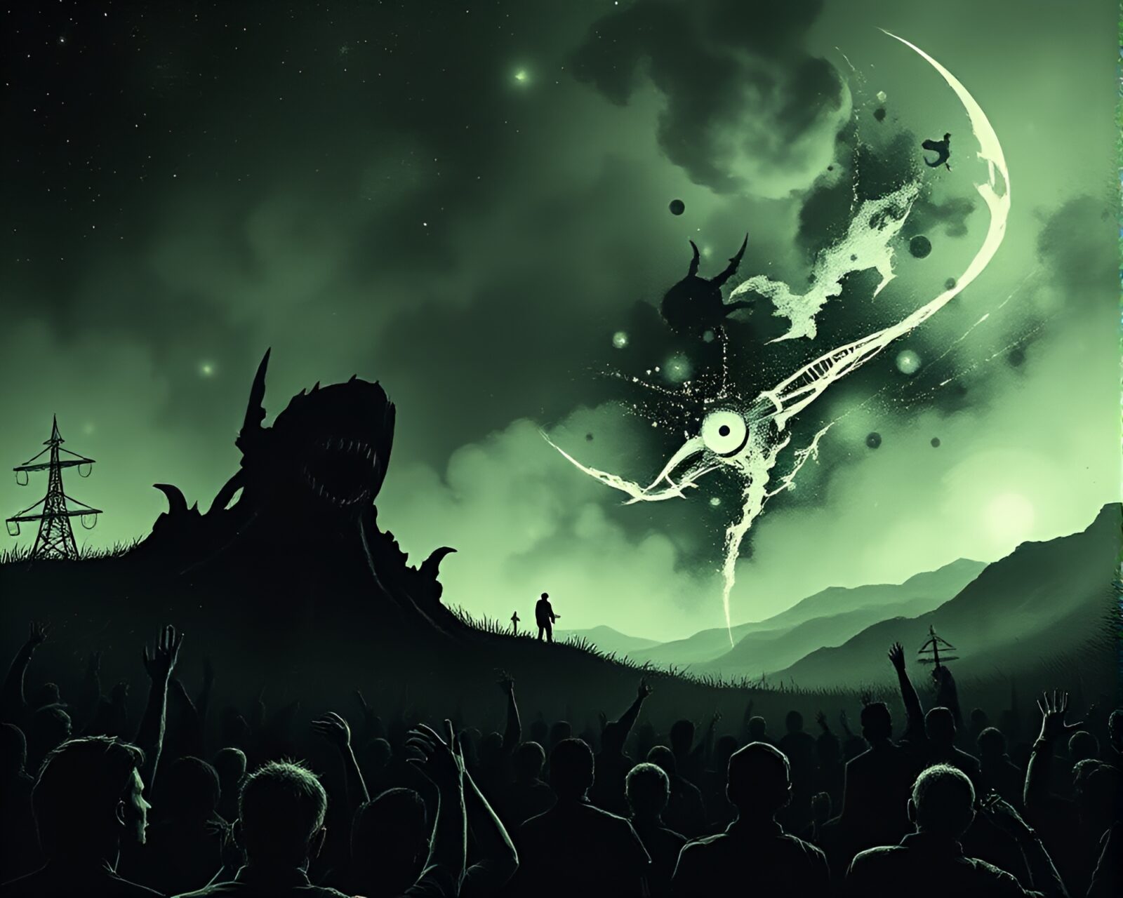 Eerie landscape etching of crowd silhouettes under cosmic horrors