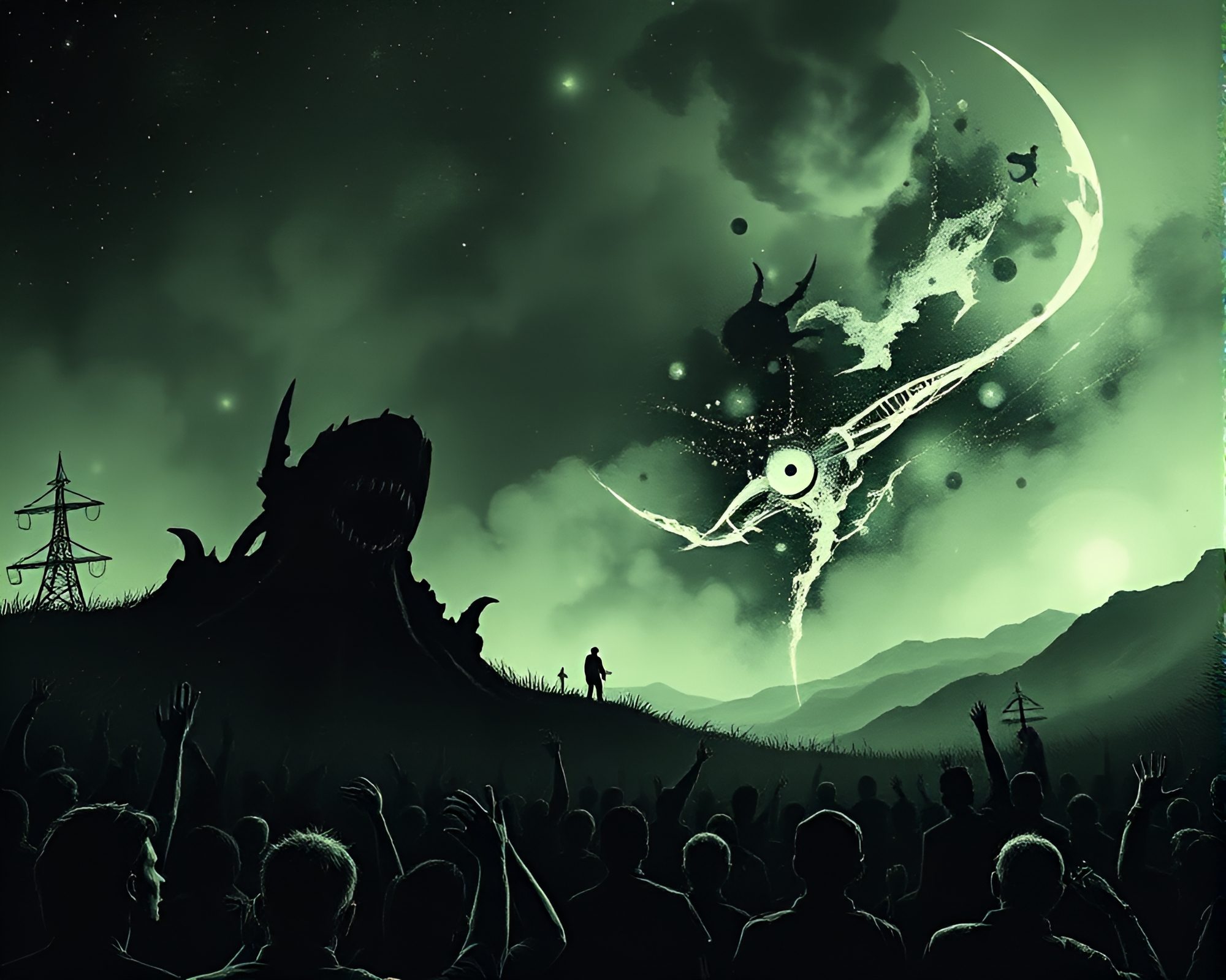 The Abyssal Gathering: Cosmic Horror in Monochrome Green – free AI stock image