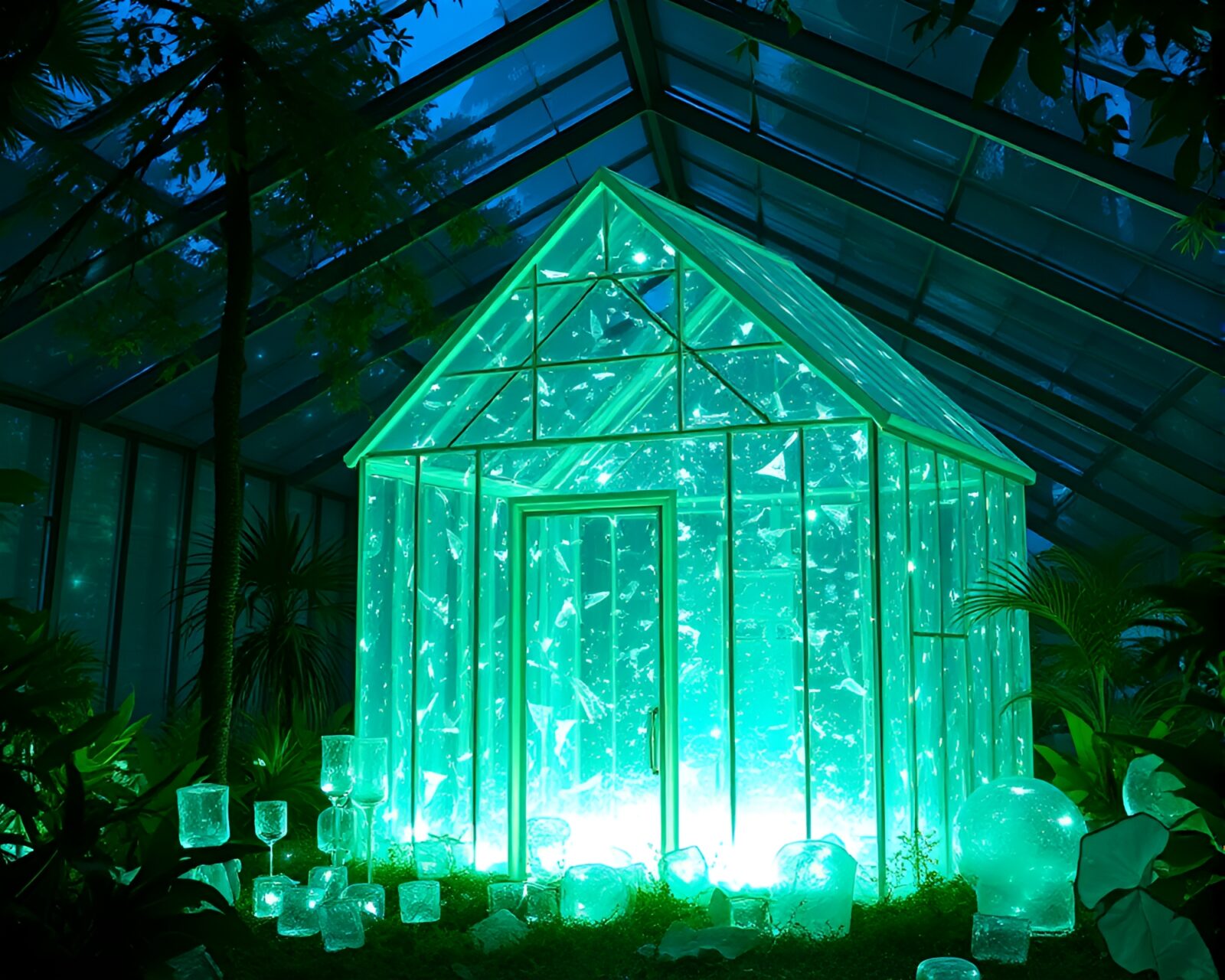 Bio-organic glass shards glowing with mystical aura inside greenhouse